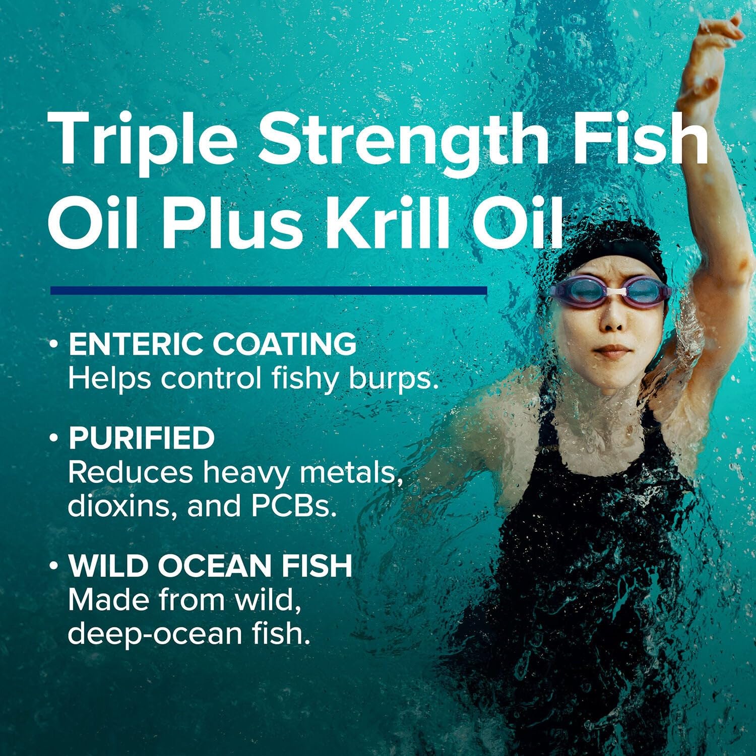 GNC Triple Strength Fish Oil Plus Krill Oil softgels on a table