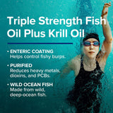GNC Triple Strength Fish Oil Plus Krill Oil softgels on a table