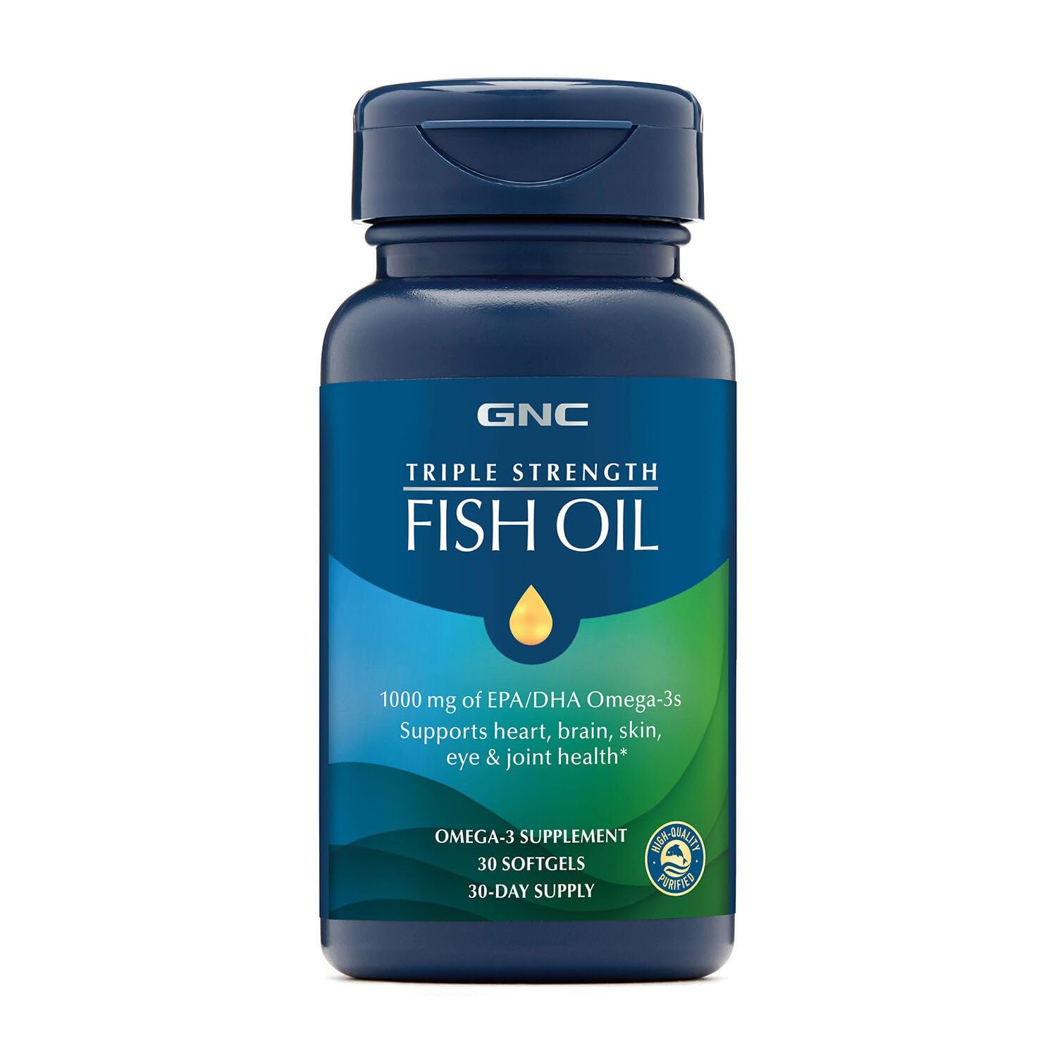 GNC Triple Strength Fish Oil softgel bottle front view