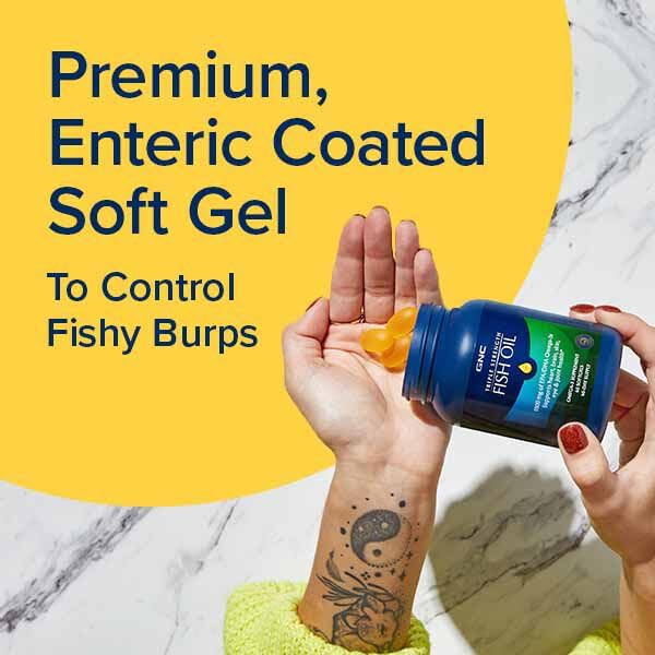 GNC Triple Strength Fish Oil softgel in hand