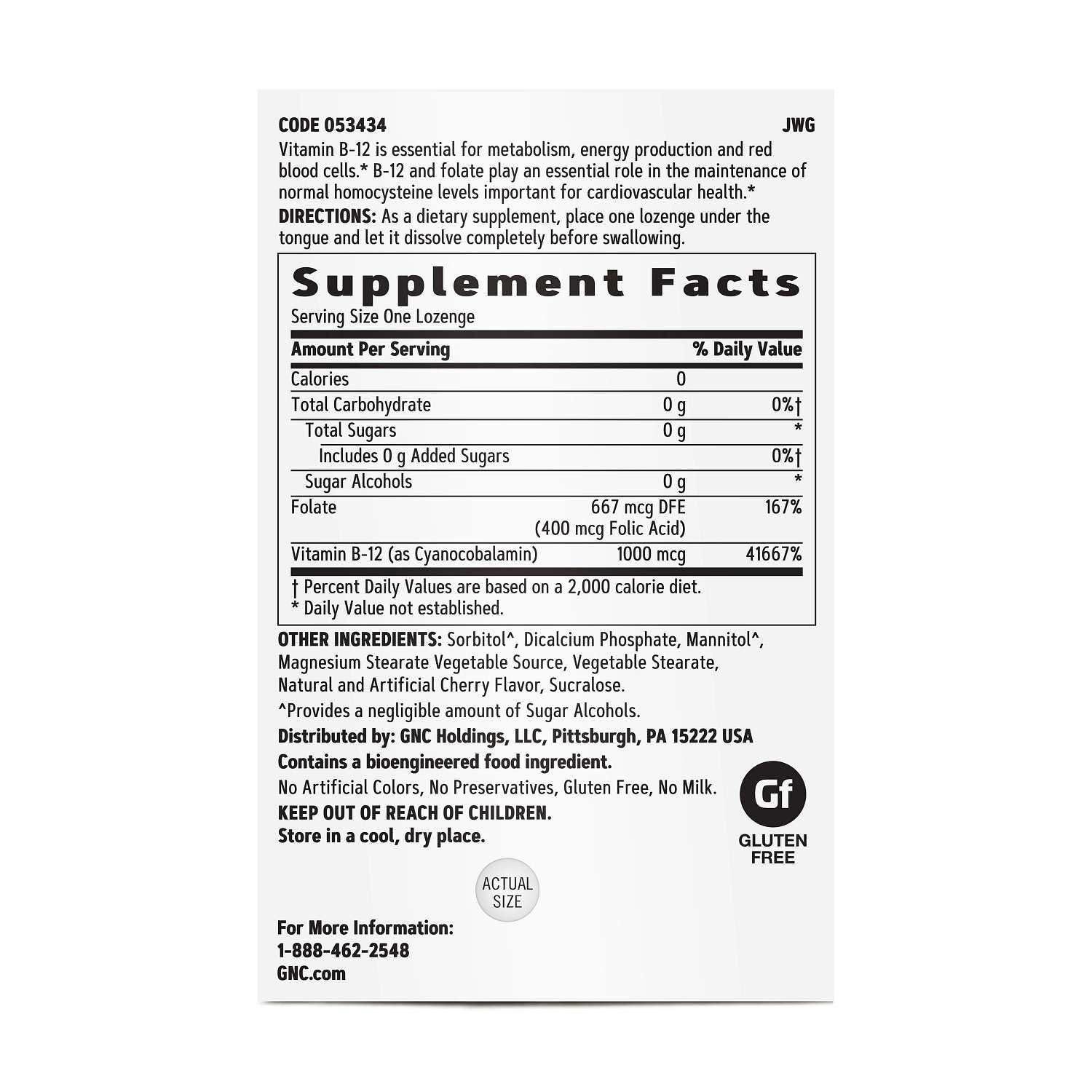 GNC Vitamin B-12 Supplement 1000mcg back view with ingredient details