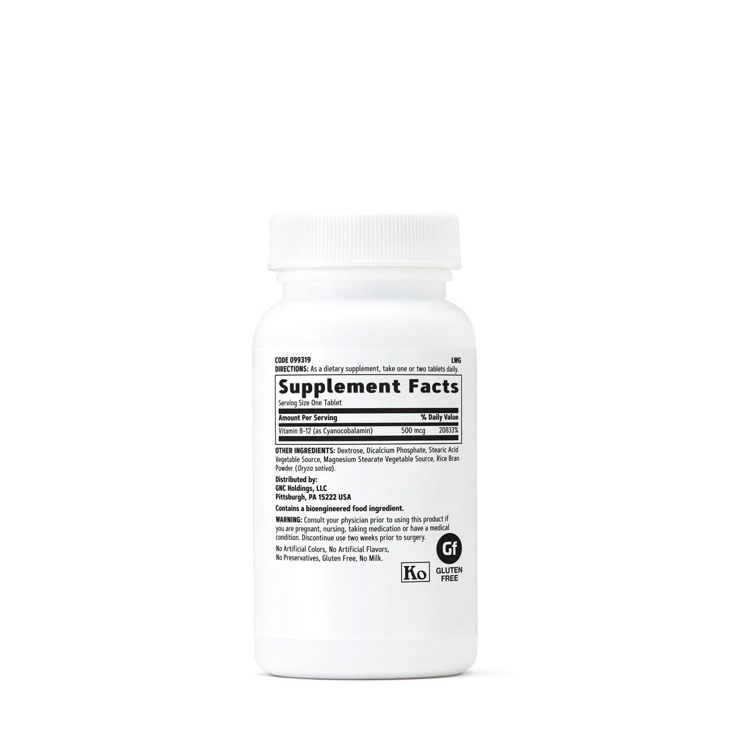 GNC Vitamin B-12 supplement bottle side view