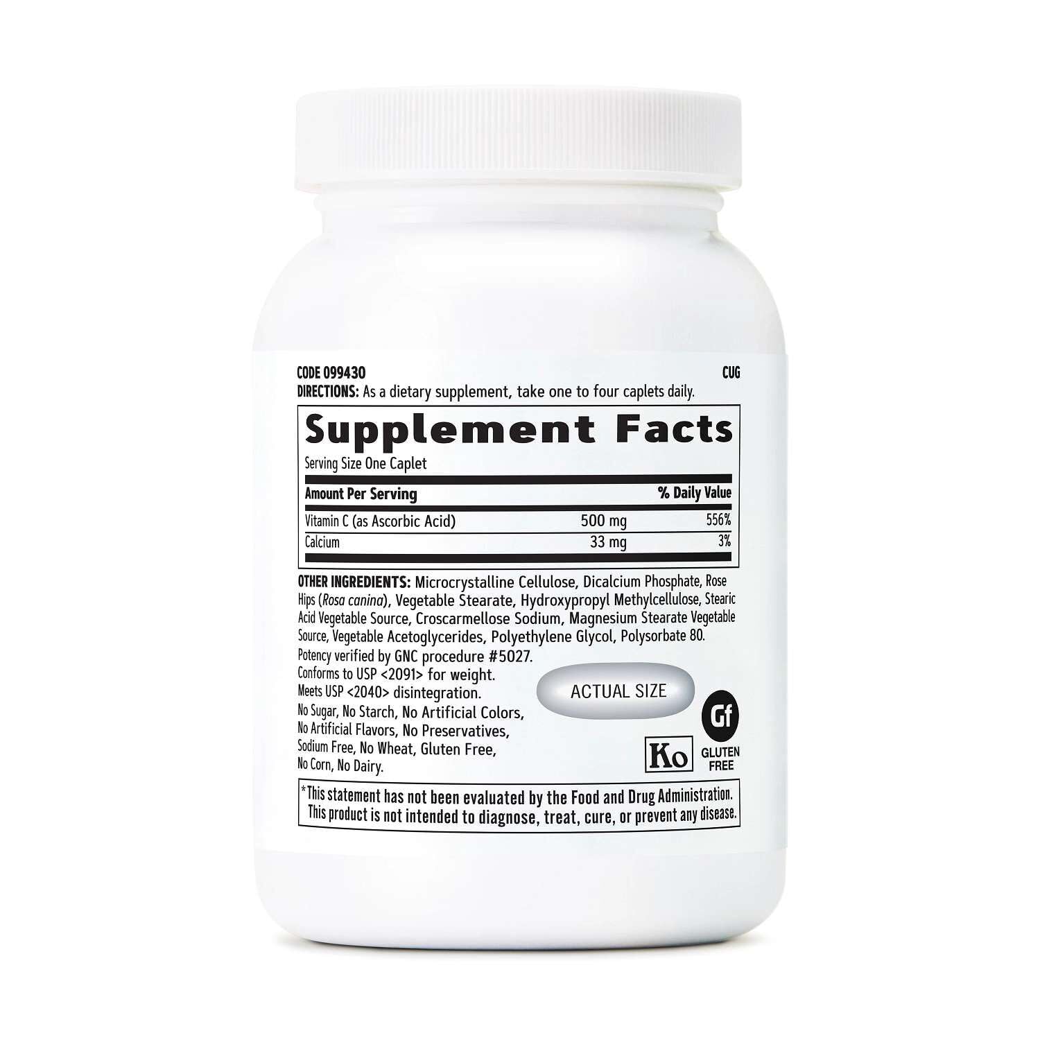 GNC Vitamin C 500 mg supplement bottle side view
