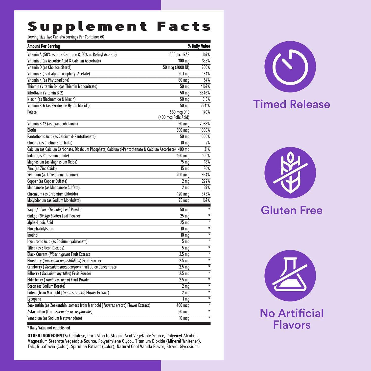 GNC Women's 50 Plus Multivitamin 120 Caplets back view with ingredient list