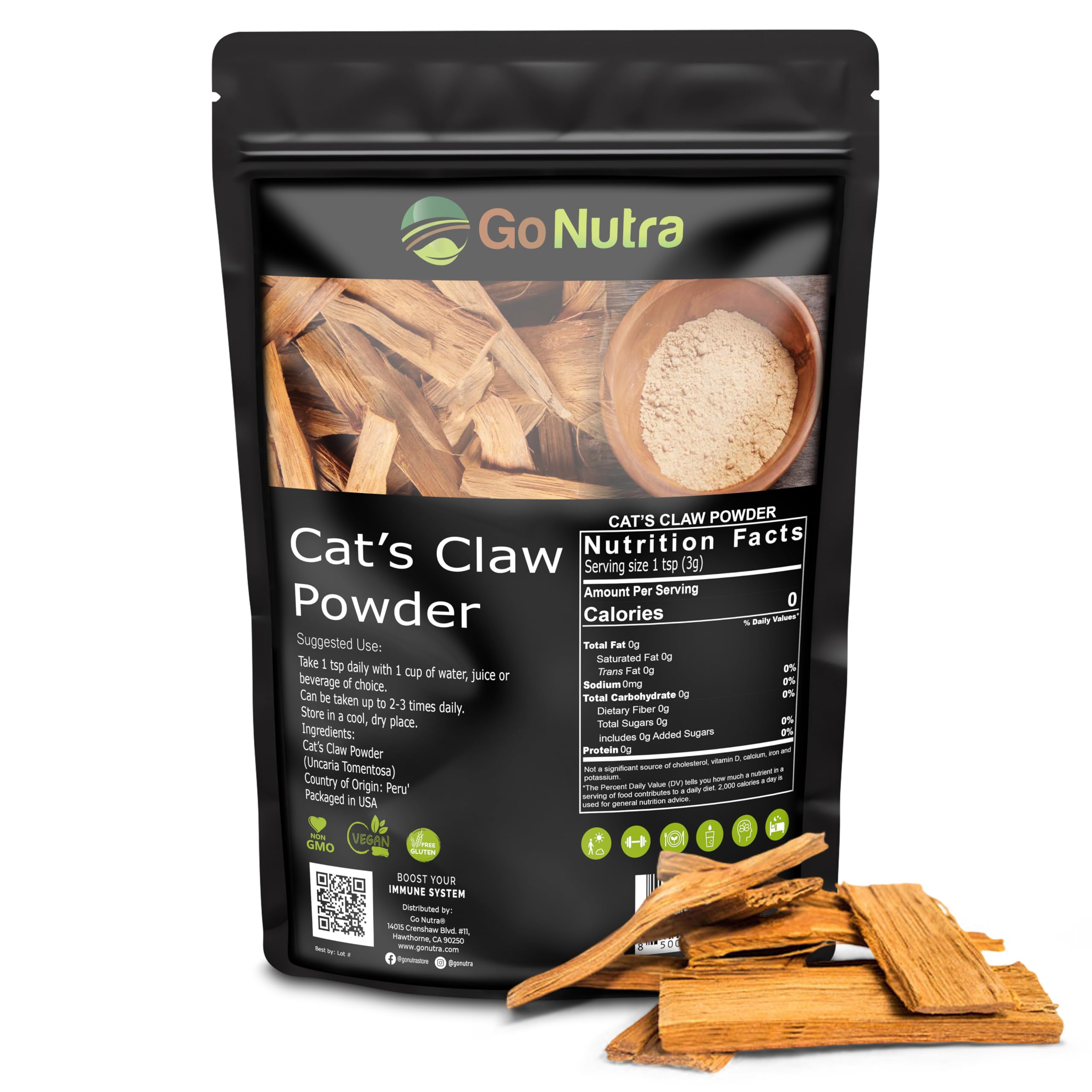 Go Nutra Cat's Claw Powder 227g on a wooden table