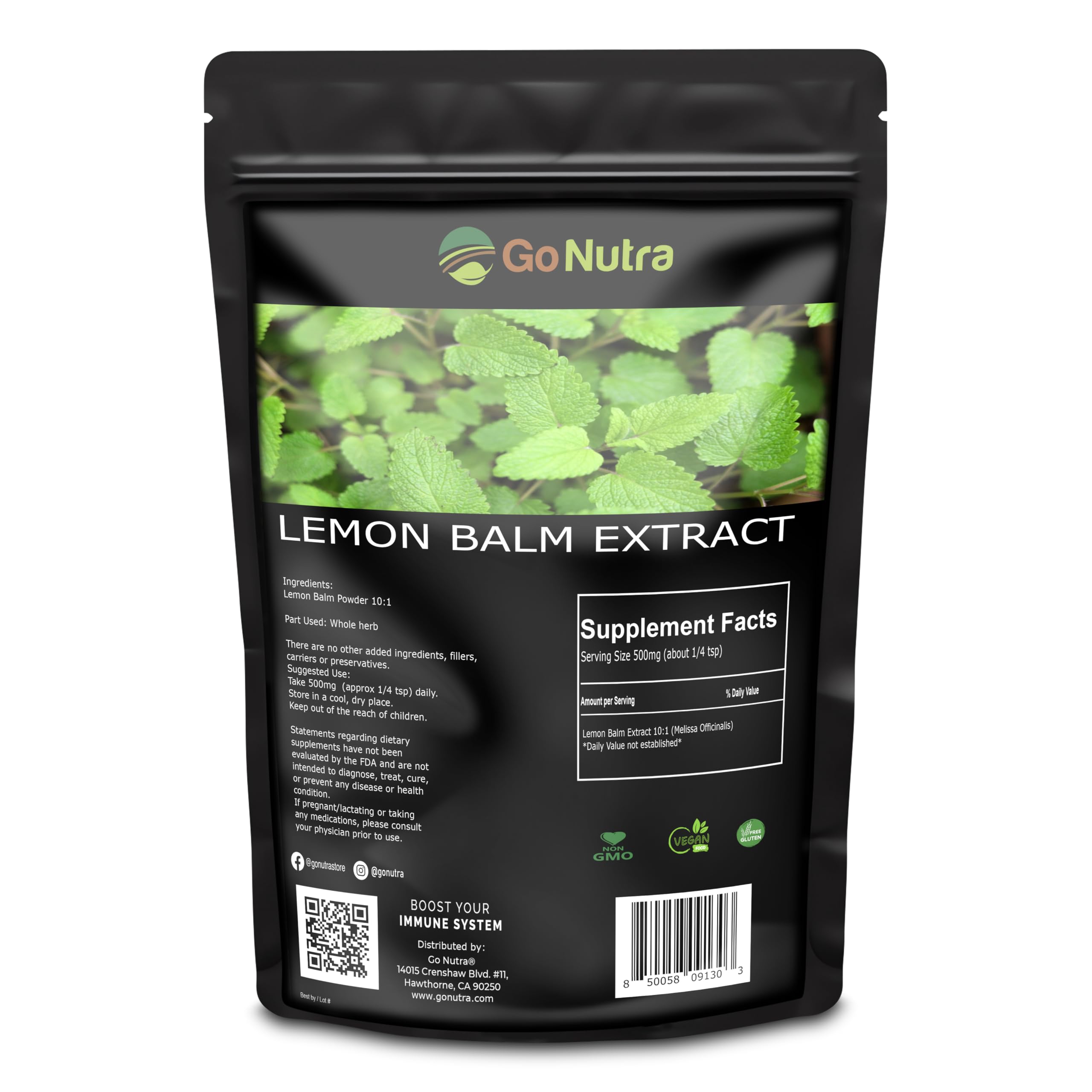 Go Nutra Lemon Balm Herbal Supplement 10:1 Extract 249g front view