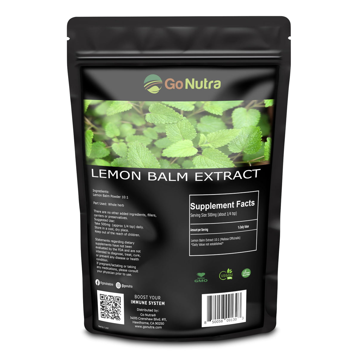 Go Nutra Lemon Balm Herbal Supplement 10:1 Extract 249g front view