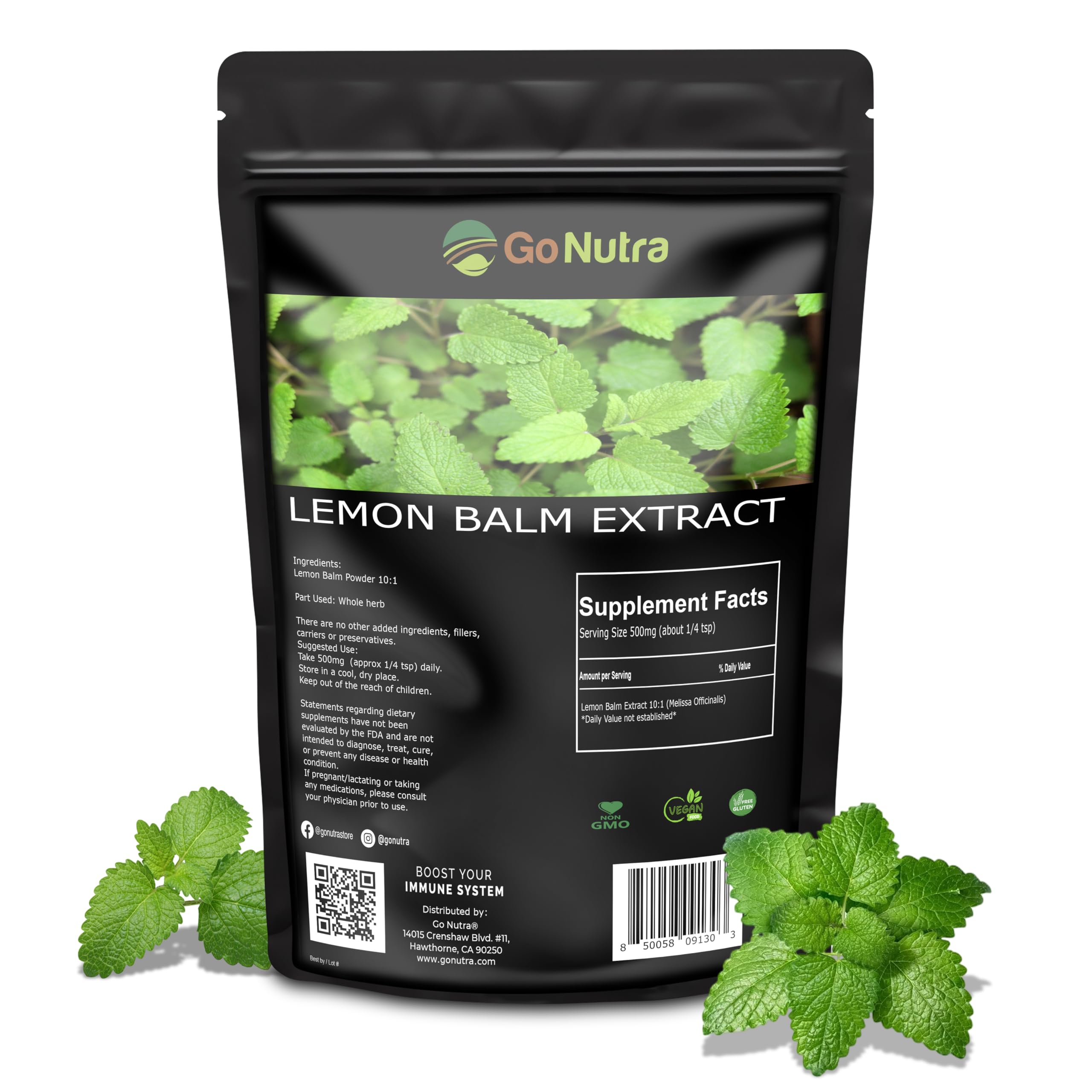 Go Nutra Lemon Balm Herbal Supplement 10:1 Extract on a wooden table