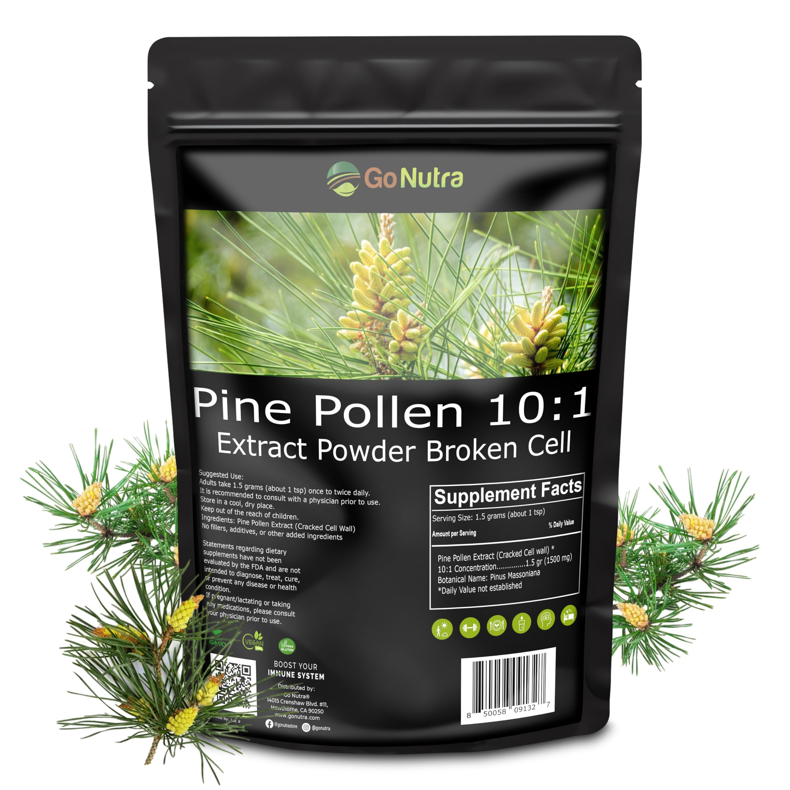 Go Nutra Pine Pollen Powder 170g displayed with natural elements