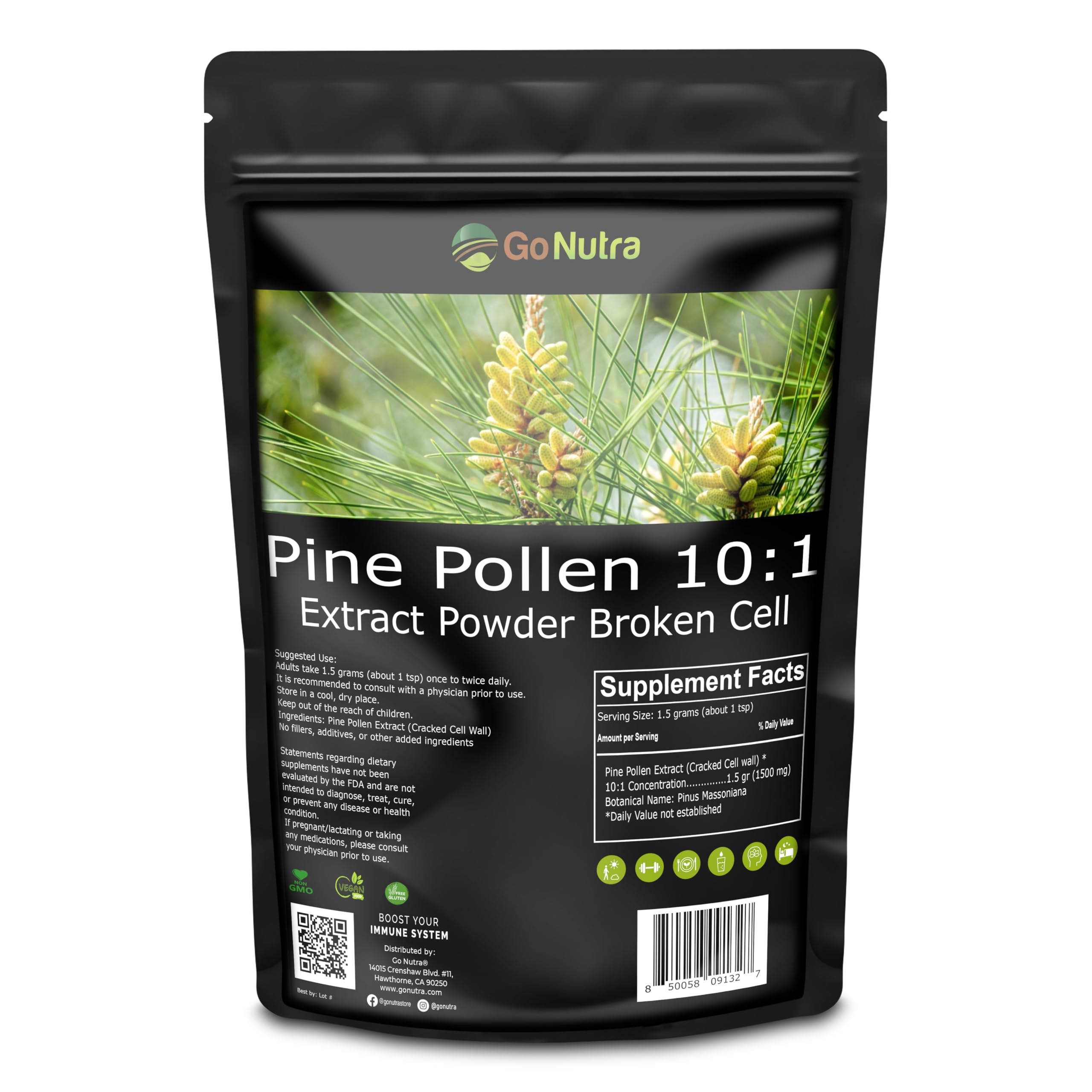 Go Nutra Pine Pollen Powder 170g front view with resealable pouch