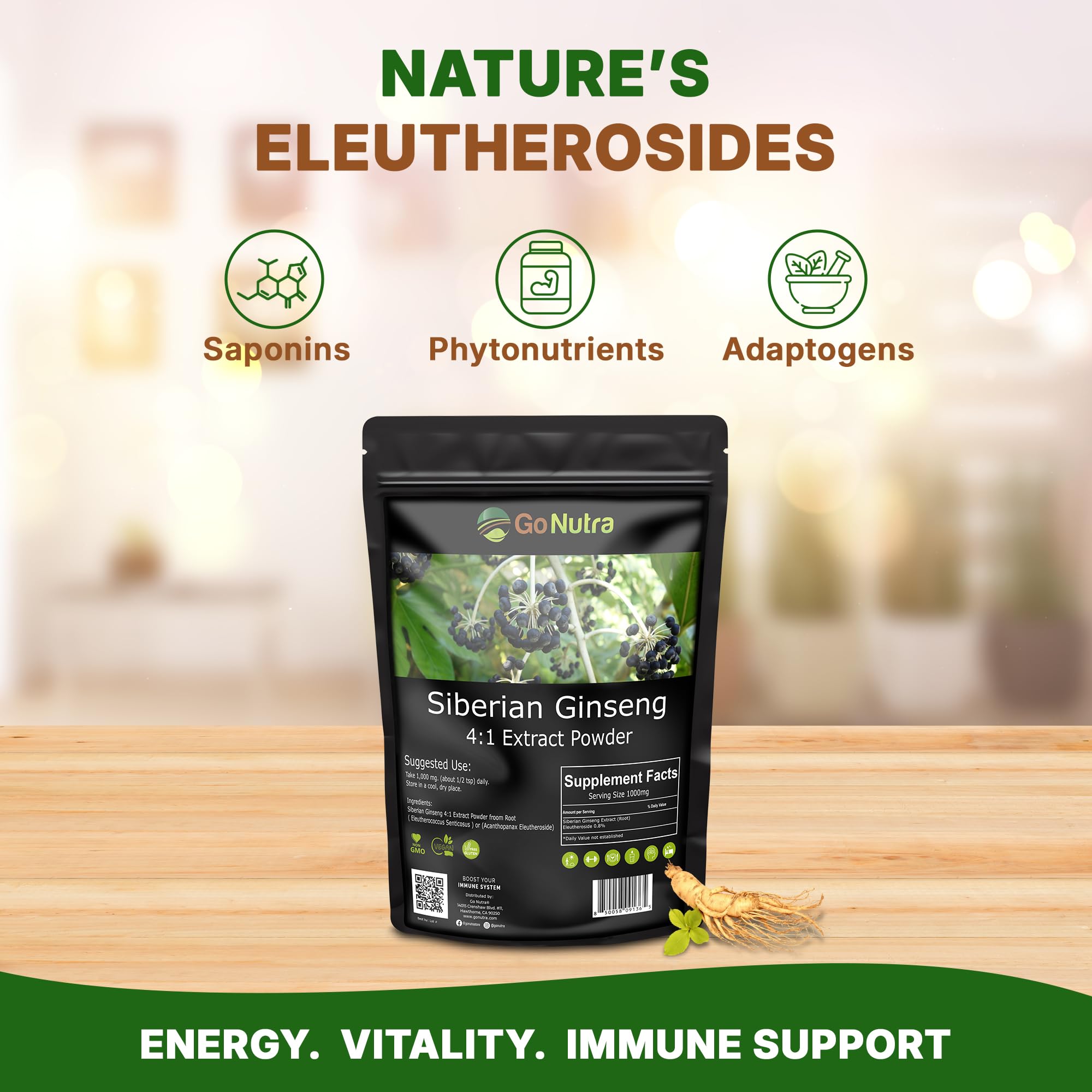 Go Nutra Siberian Ginseng Eleuthero Powder packaging details