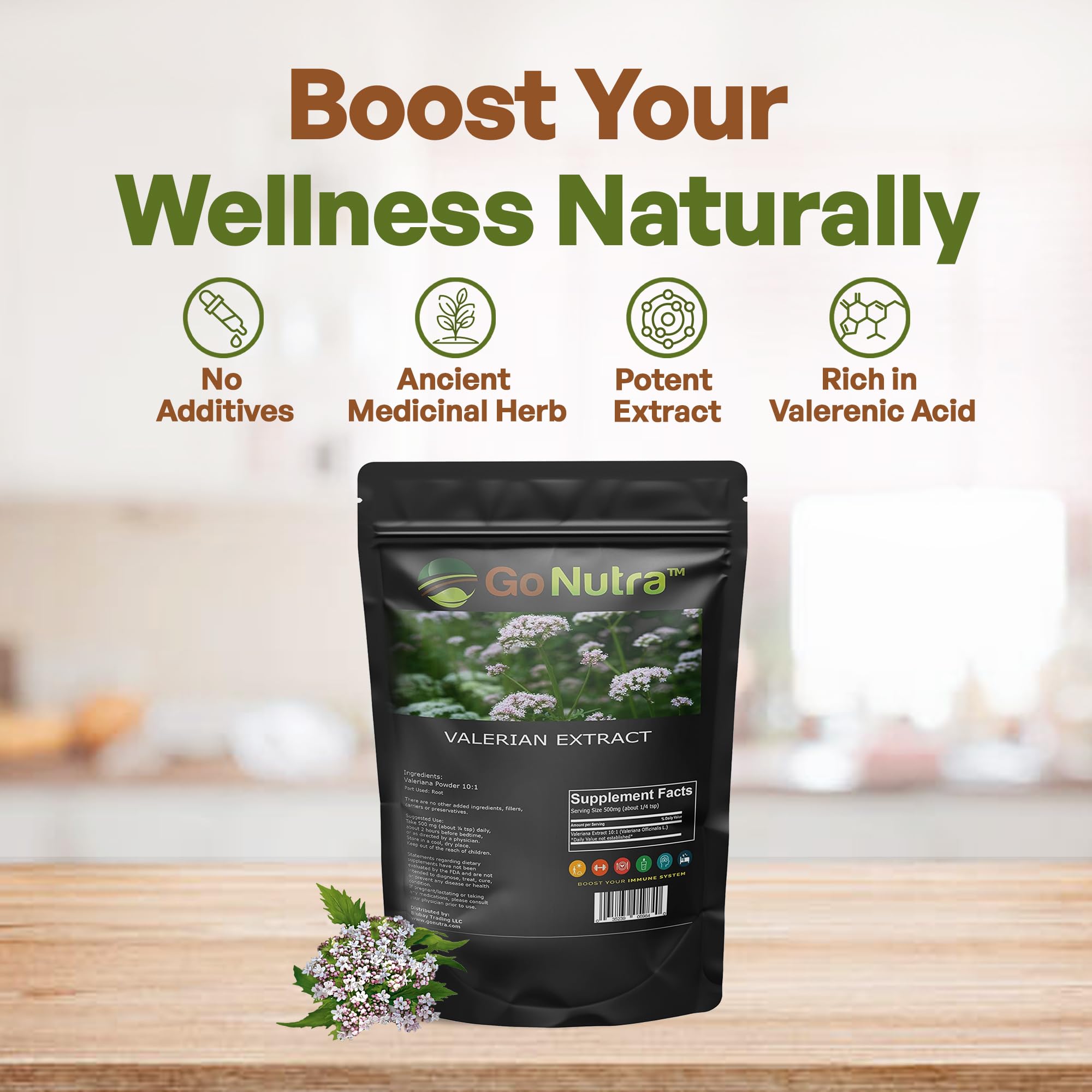 Go Nutra Valerian Powder 227g back view with ingredient details