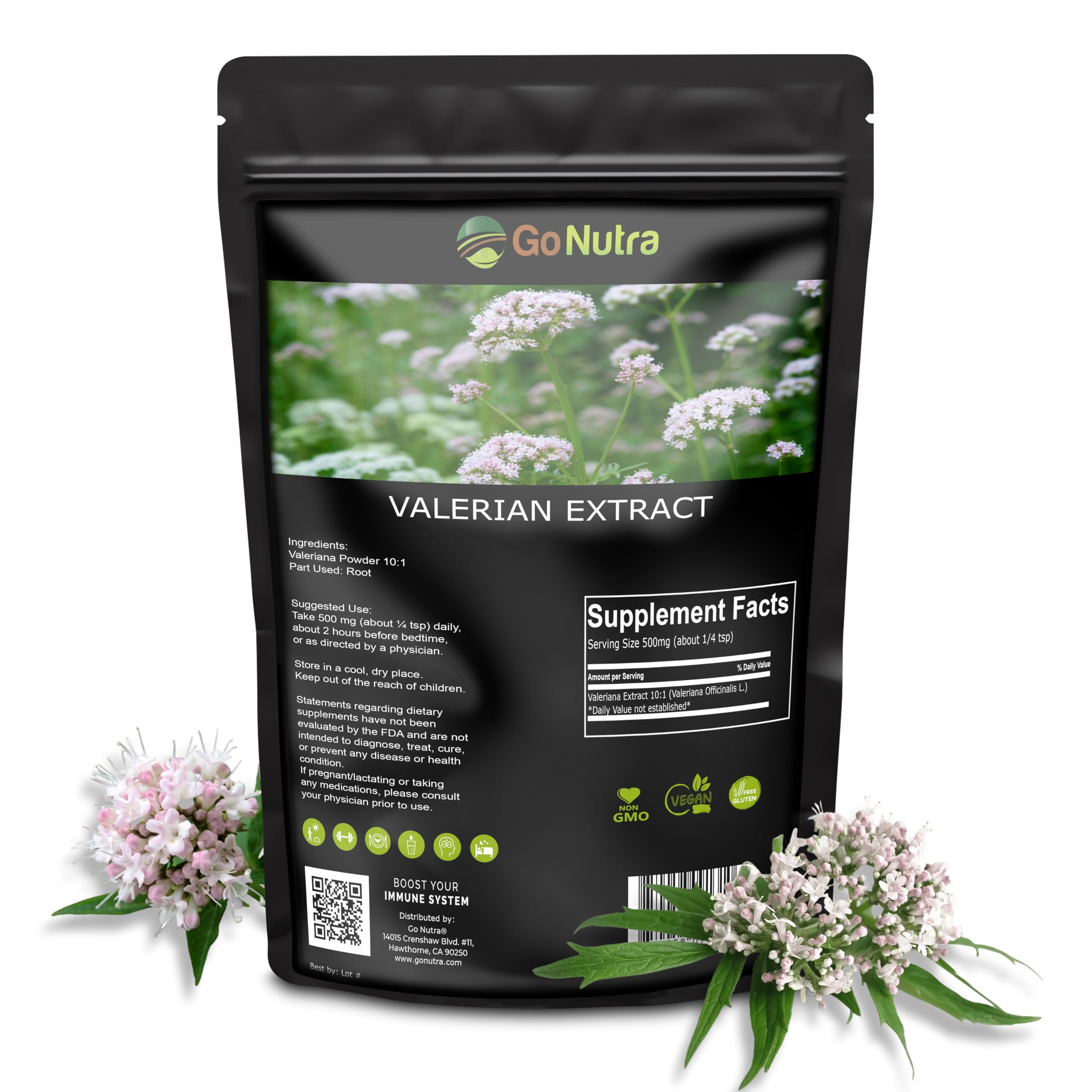 Go Nutra Valerian Powder 227g displayed with herbal tea ingredients