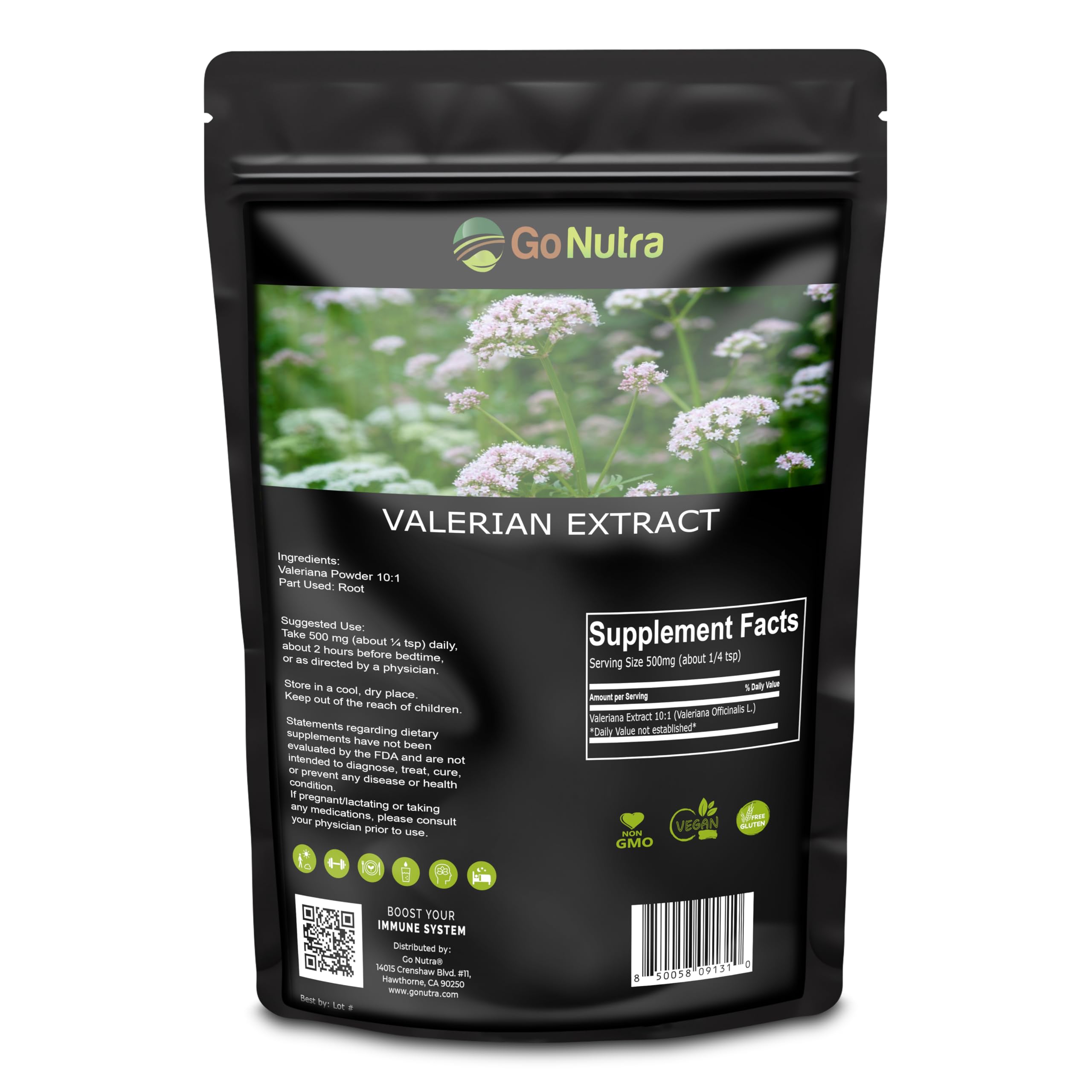 Go Nutra Valerian Powder 227g front view with packaging