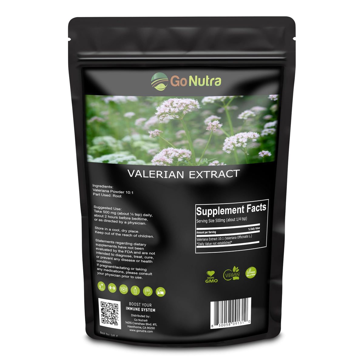 Go Nutra Valerian Powder 227g front view with packaging