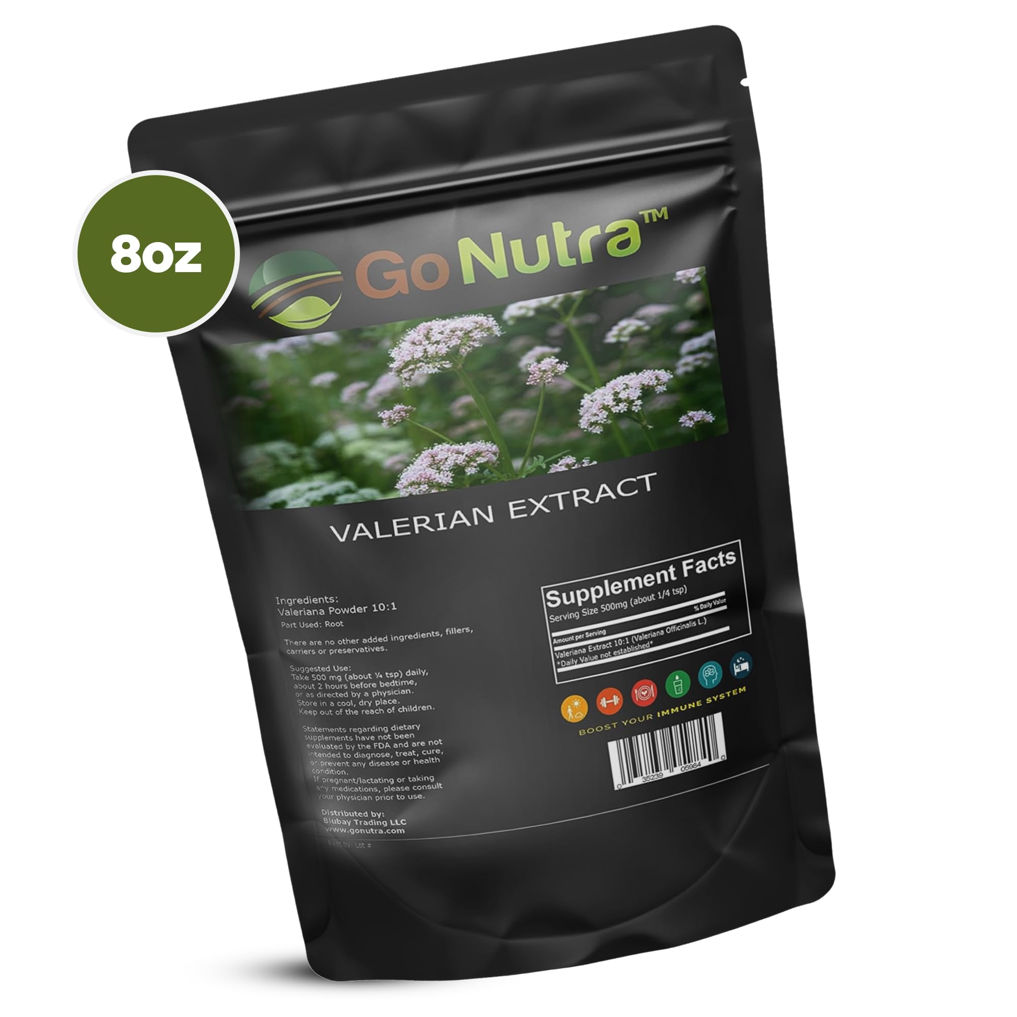 Go Nutra Valerian Powder 227g on a kitchen counter with utensils