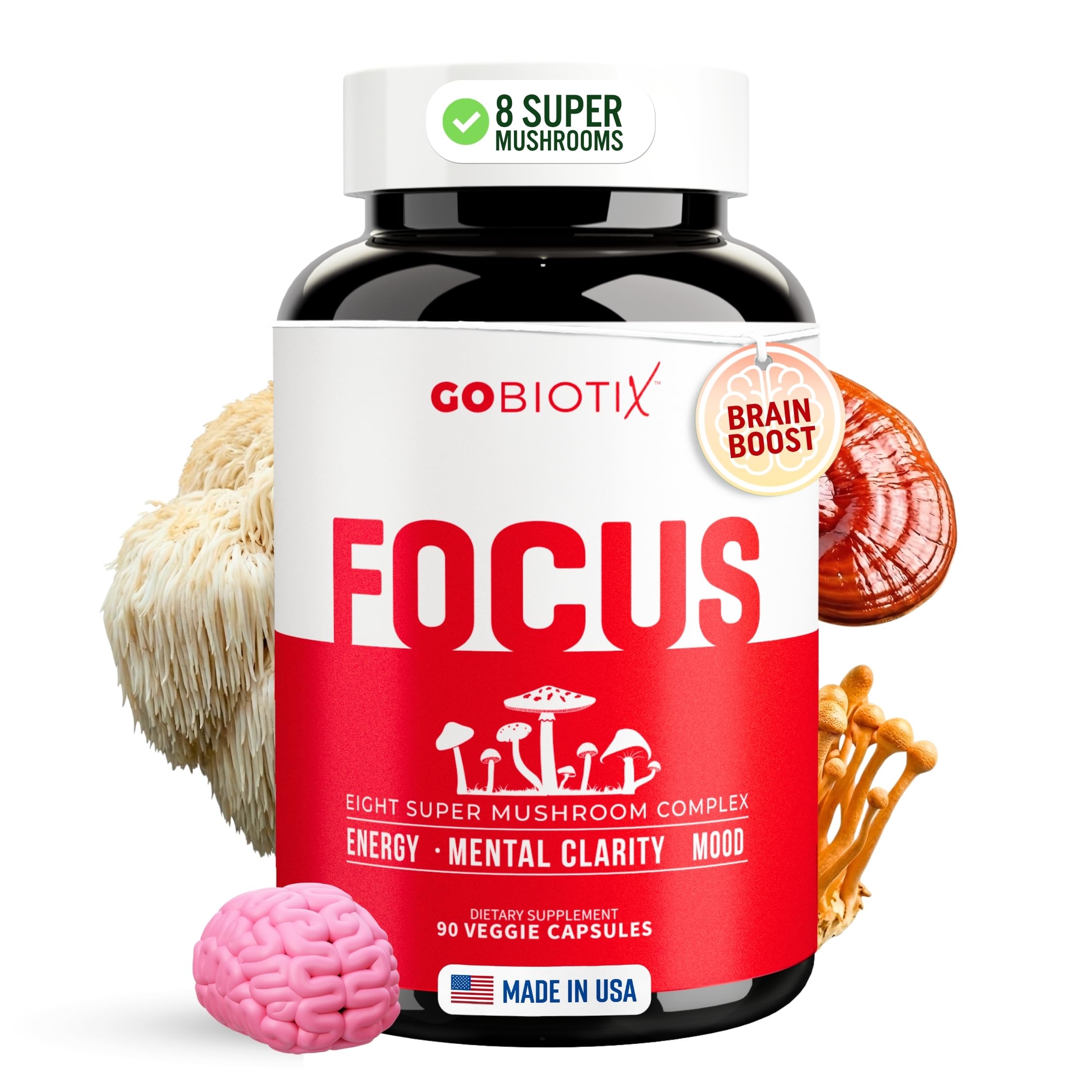 GOBIOTIX 8 Mushroom Complex Supplement front view with 30 capsules
