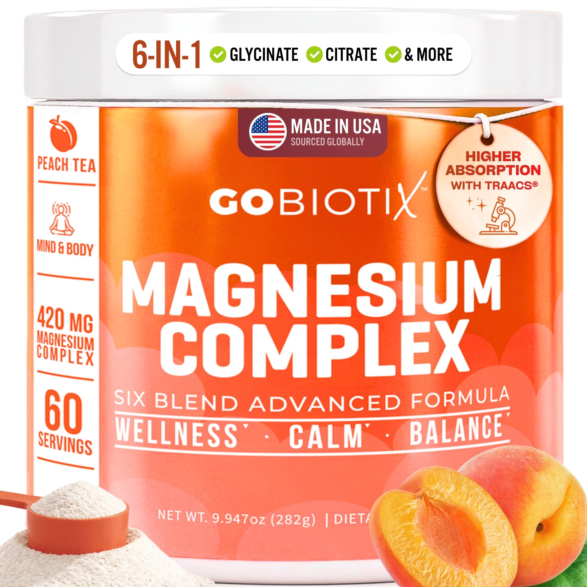 GOBIOTIX Magnesium Complex 6-in-1 Powder Peach Tea front view