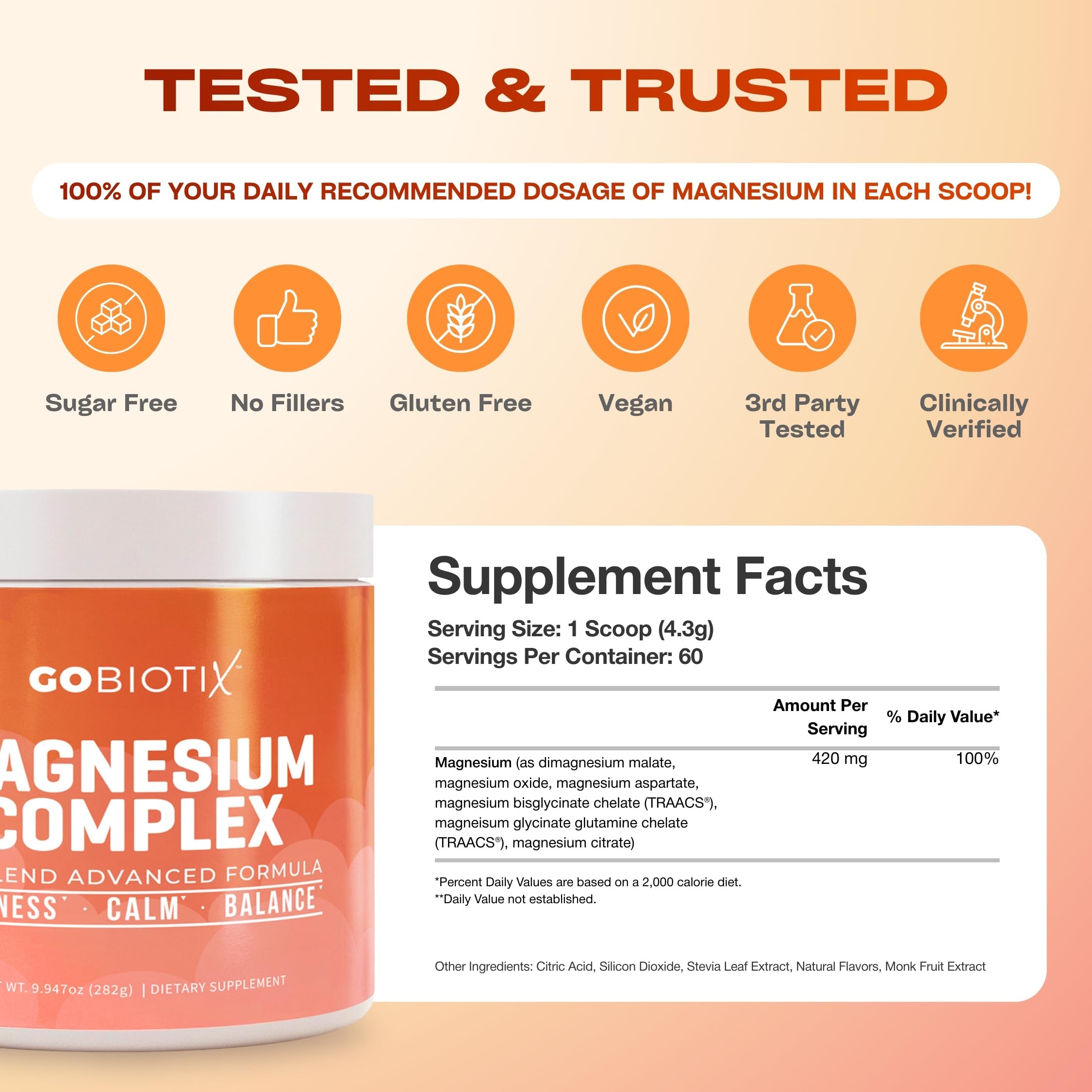 GOBIOTIX Magnesium Complex 6-in-1 Powder Peach Tea packaging details
