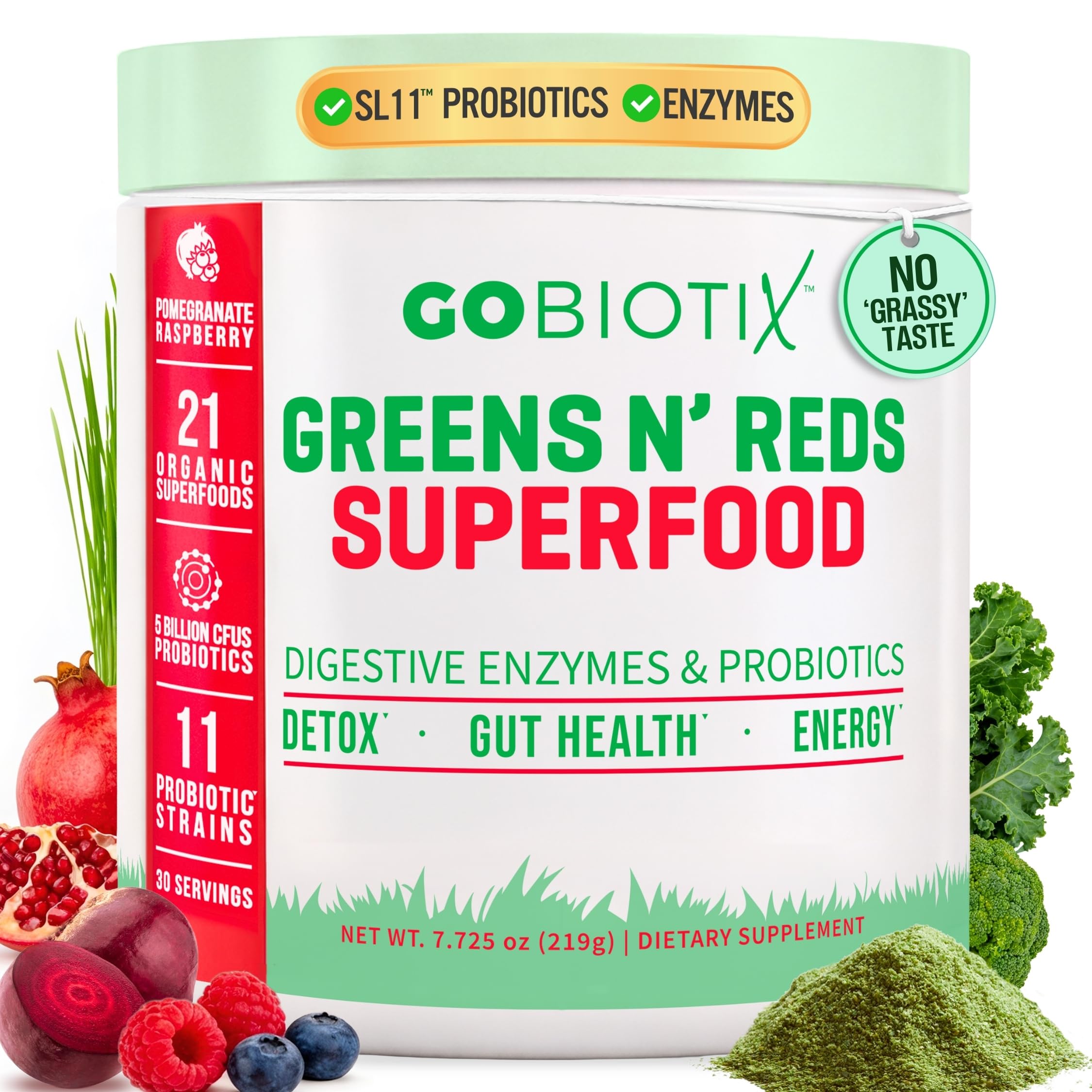 GOBIOTIX Spirulina Superfood Powder 219g Pomegranate Raspberry front view