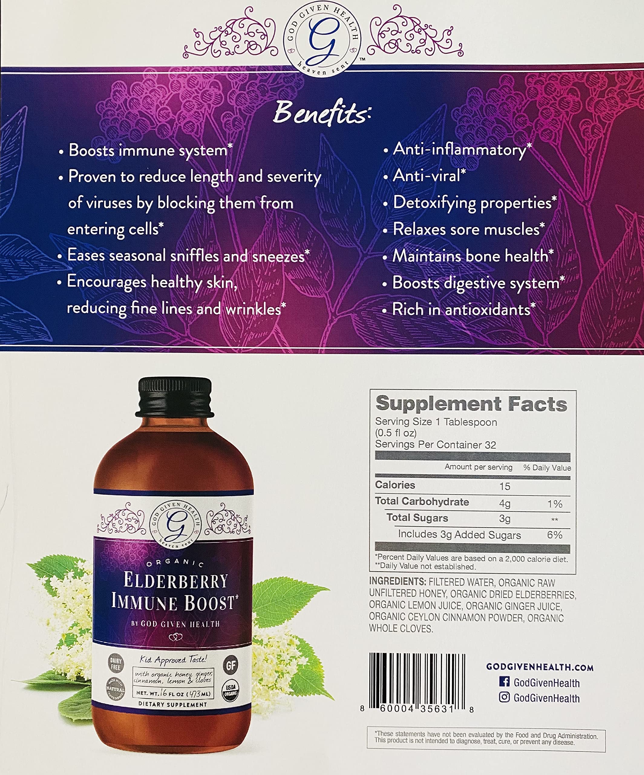 God Given Health Elderberry Syrup 780g bottle on a wooden table