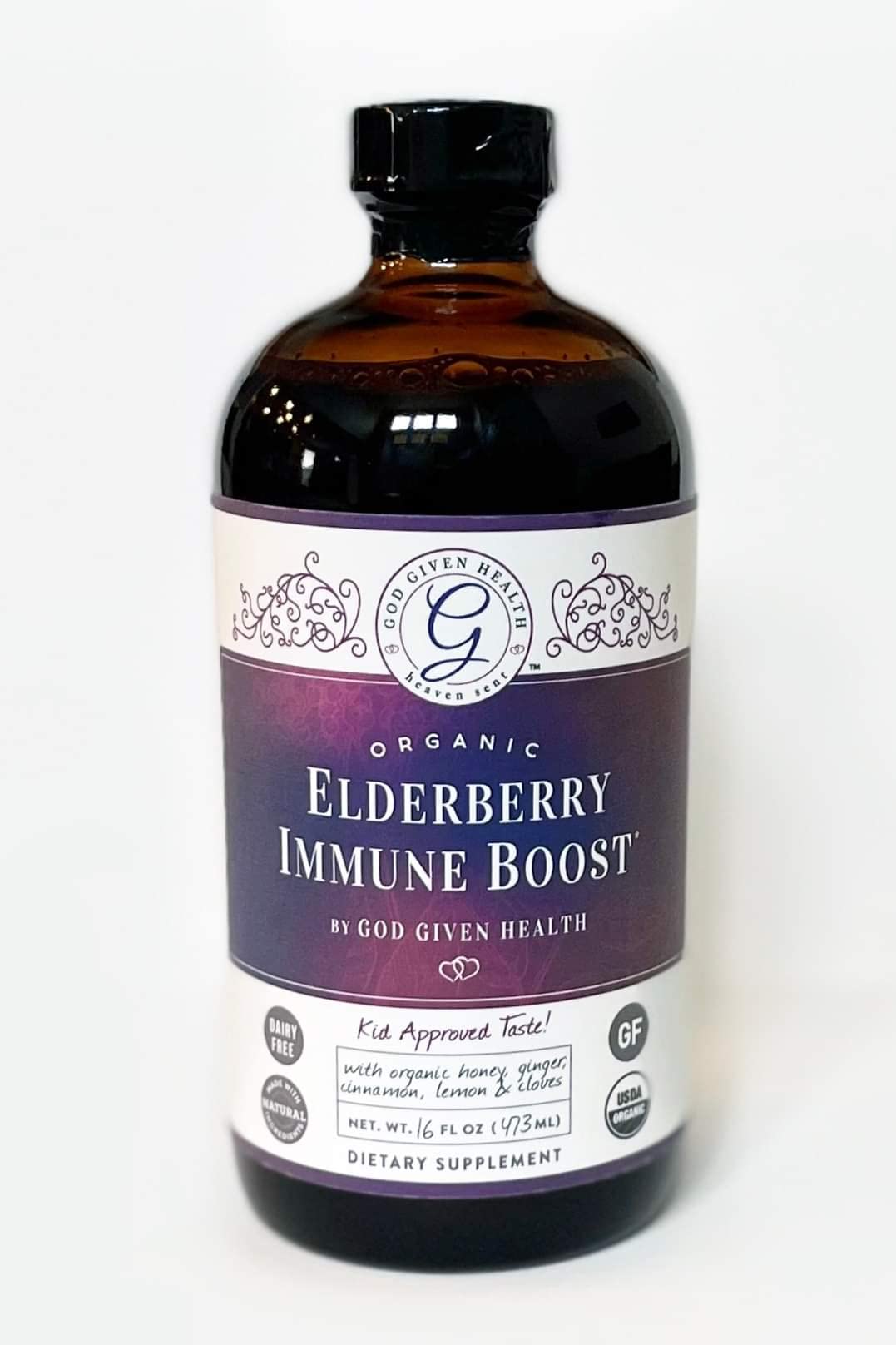 God Given Health Elderberry Syrup 780g in a kitchen setting
