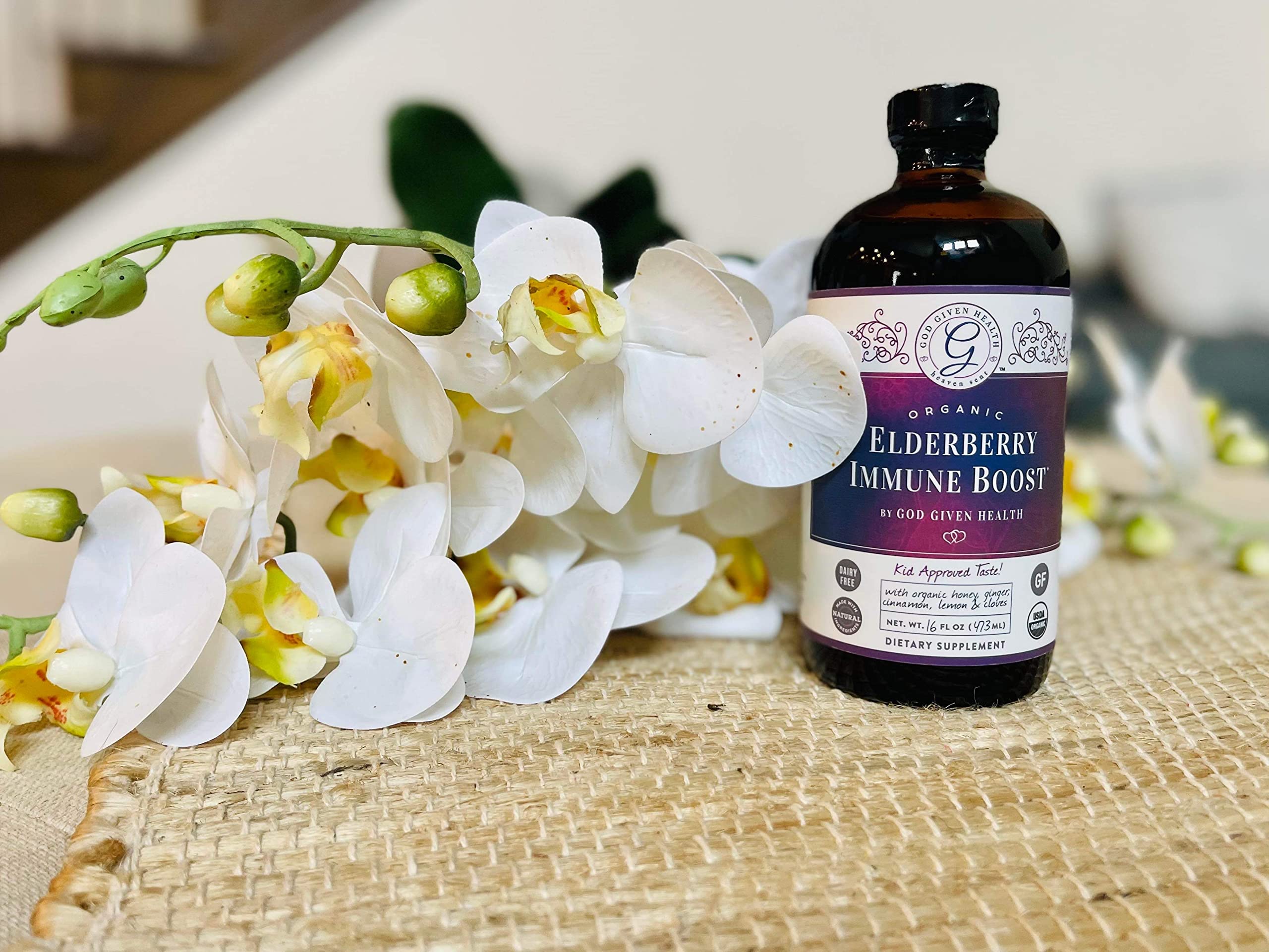 God Given Health Elderberry Syrup 780g with ingredients displayed