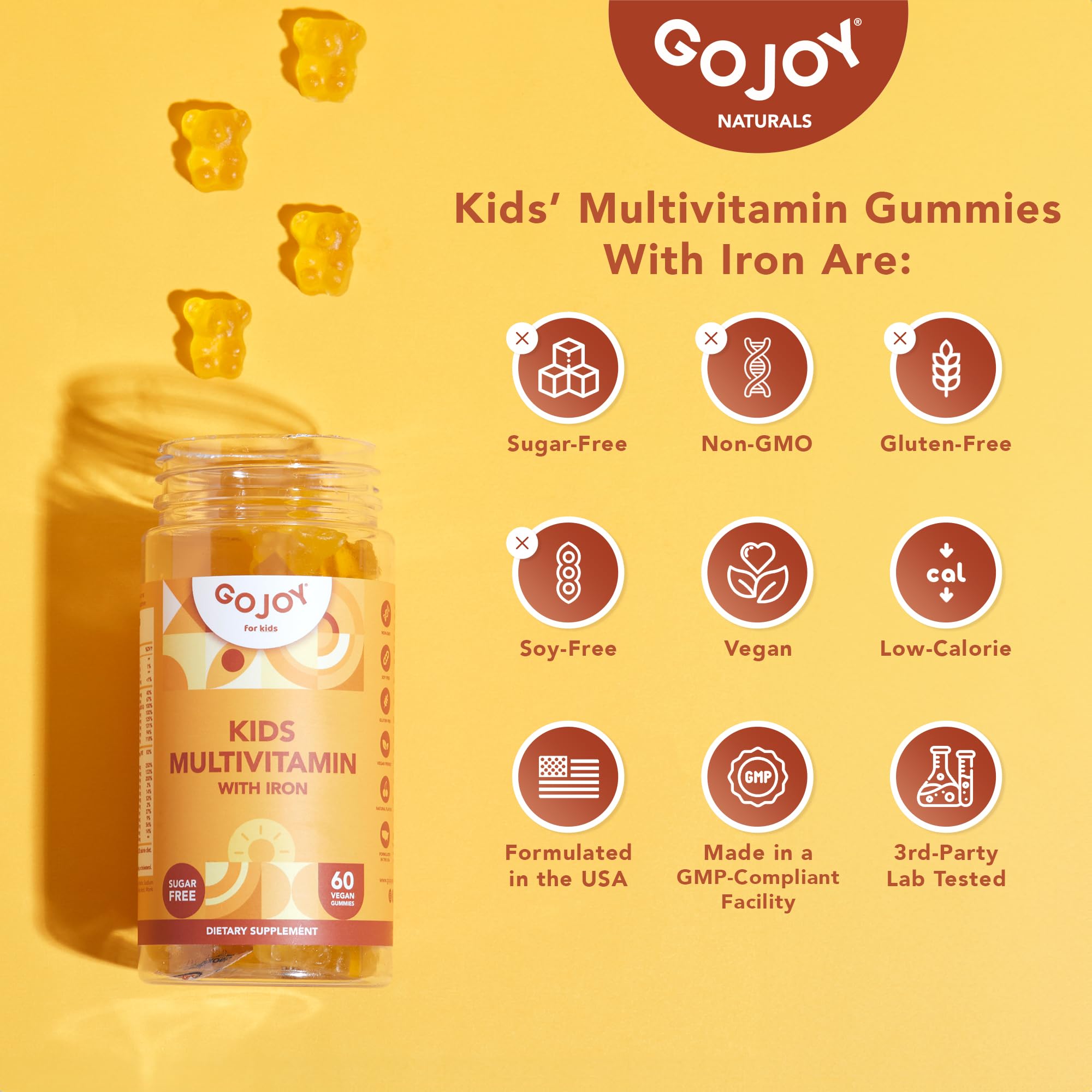GOJOY NATURALS Iron Gummies for Kids with a measuring spoon showing serving size