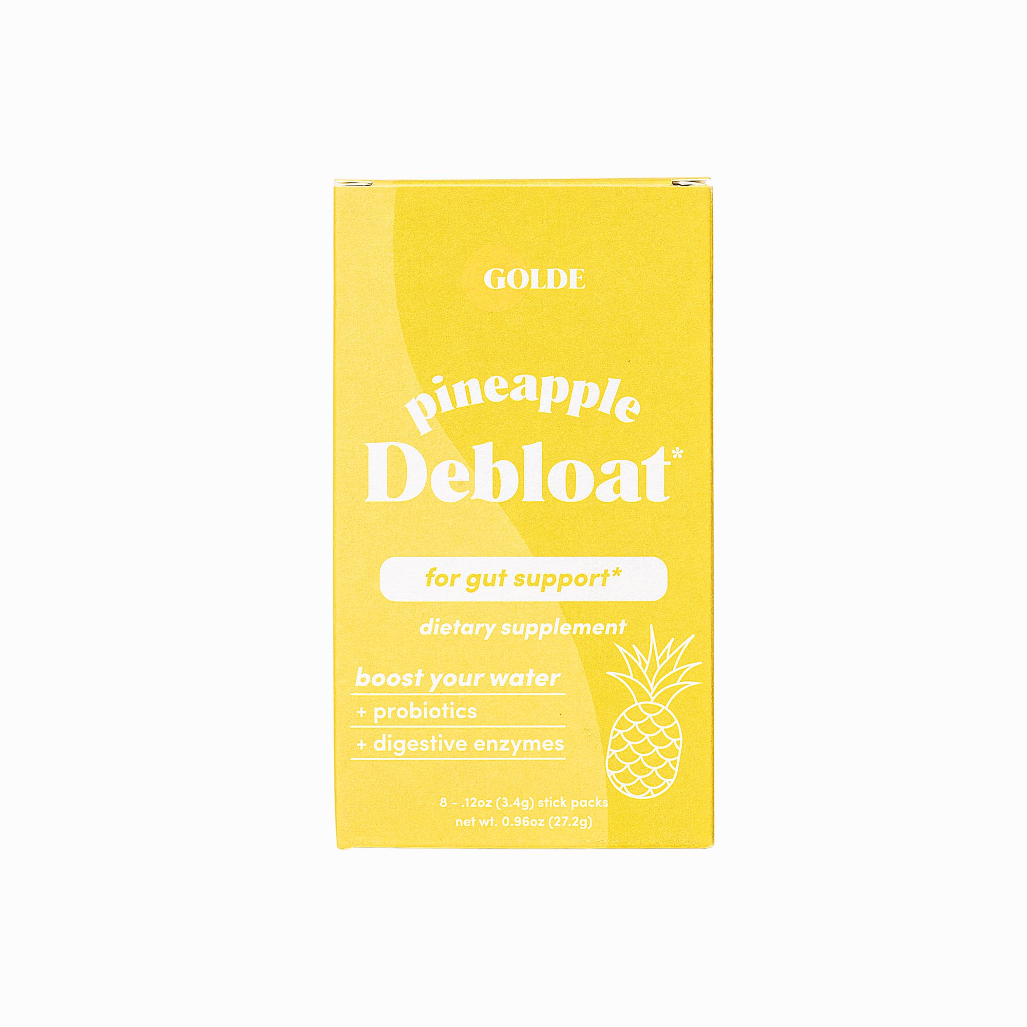 GOLDE Pineapple Debloat probiotic supplement front view with packaging