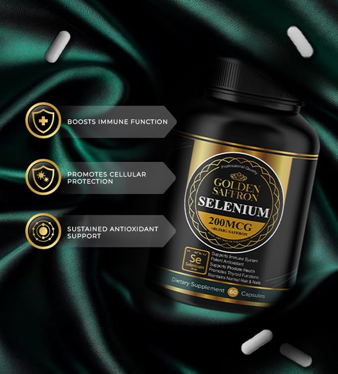 GOLDEN SAFFRON Selenium Supplement capsules on a wooden table