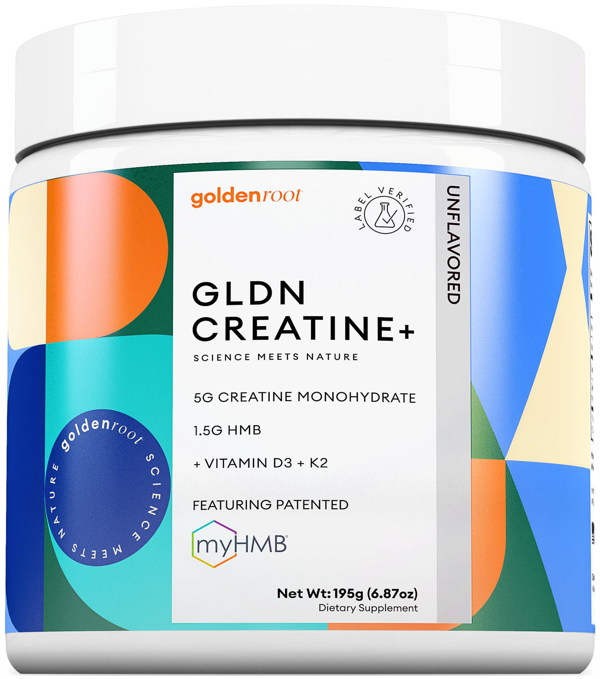 GoldenRoot Creatine Monohydrate + HMB supplement front view