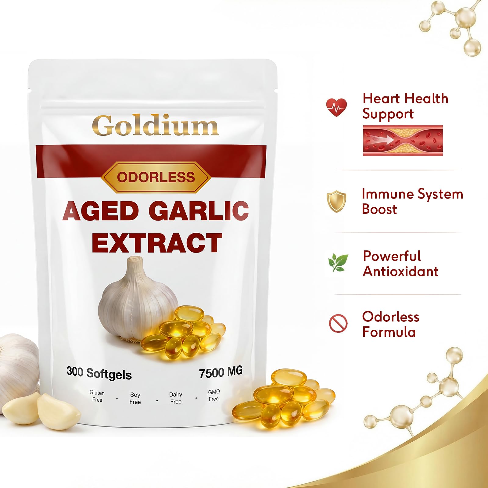 Goldium Aged Garlic Extract Softgels 7500mg bottle side view
