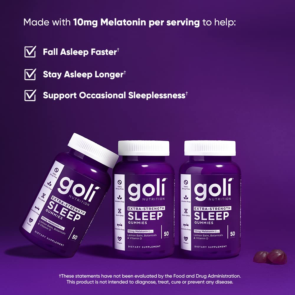Goli Extra-Strength Sleep Gummies with a hand holding a gummy