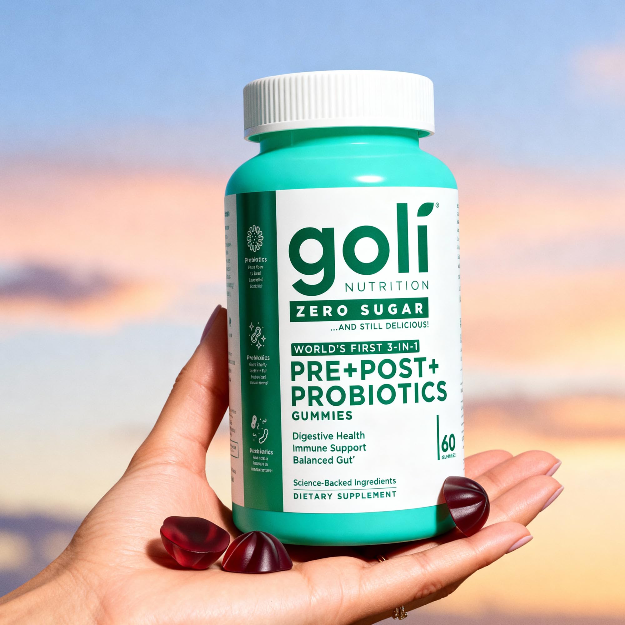 Goli Probiotic Capsules in a hand for size comparison