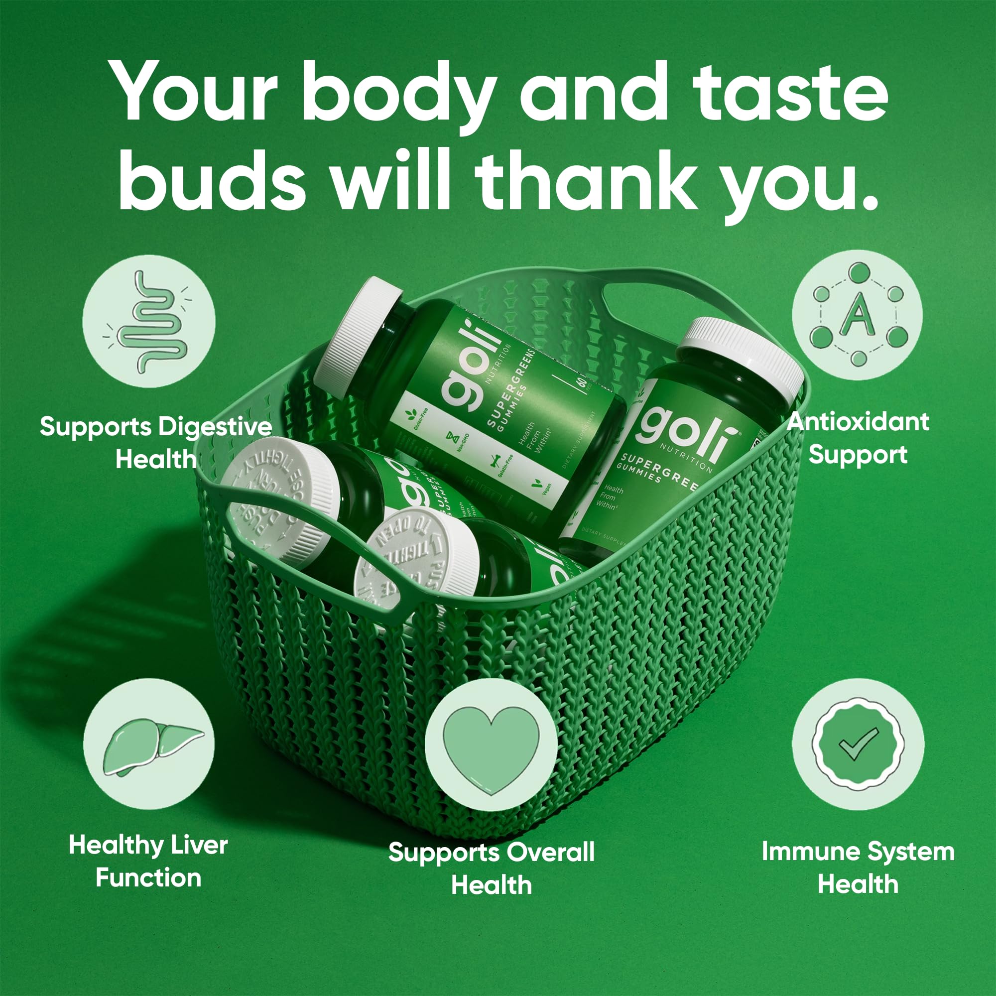 Goli Supergreens Gummies with fresh greens background