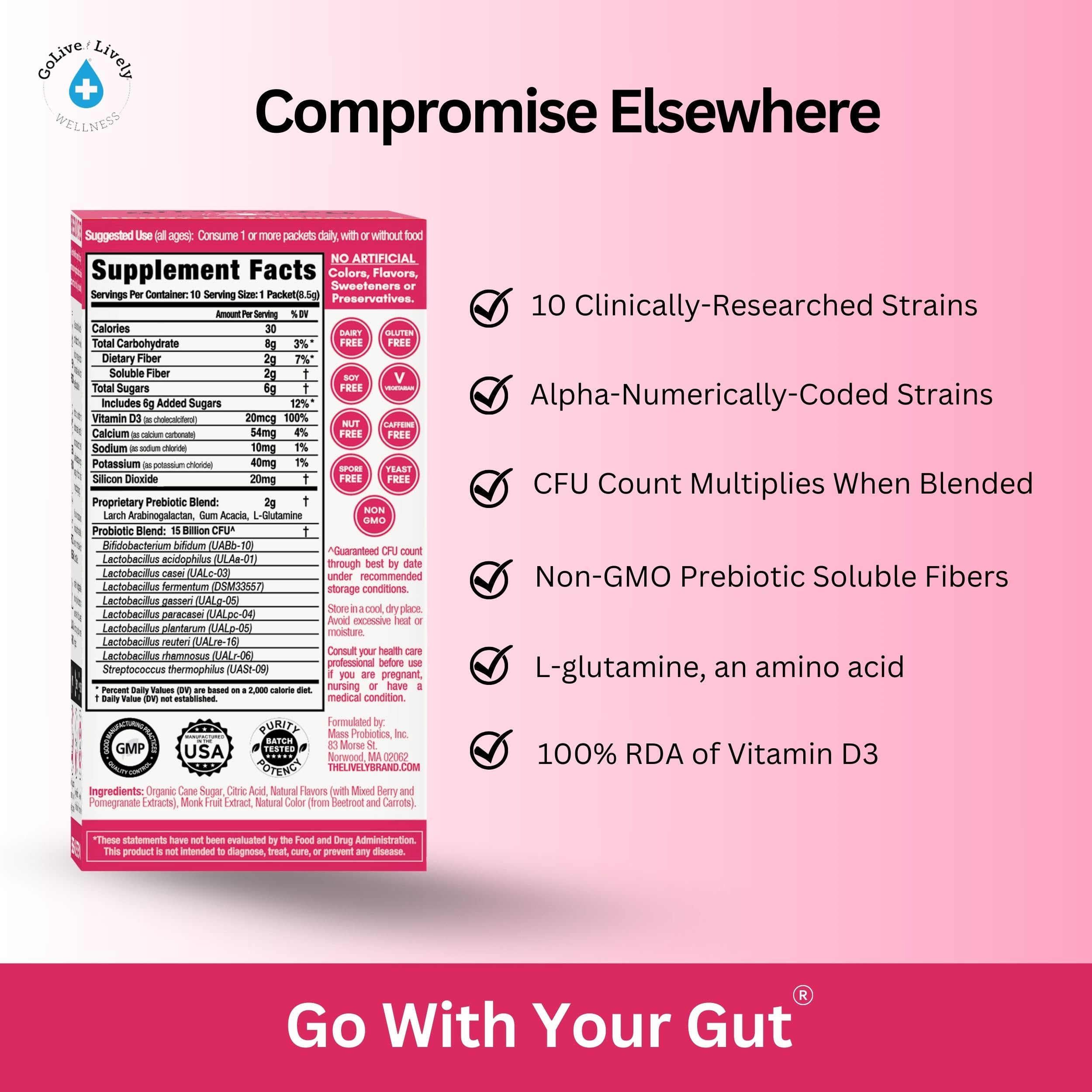 GoLive Probiotic Berry Pom 10Ct mixed in a drink