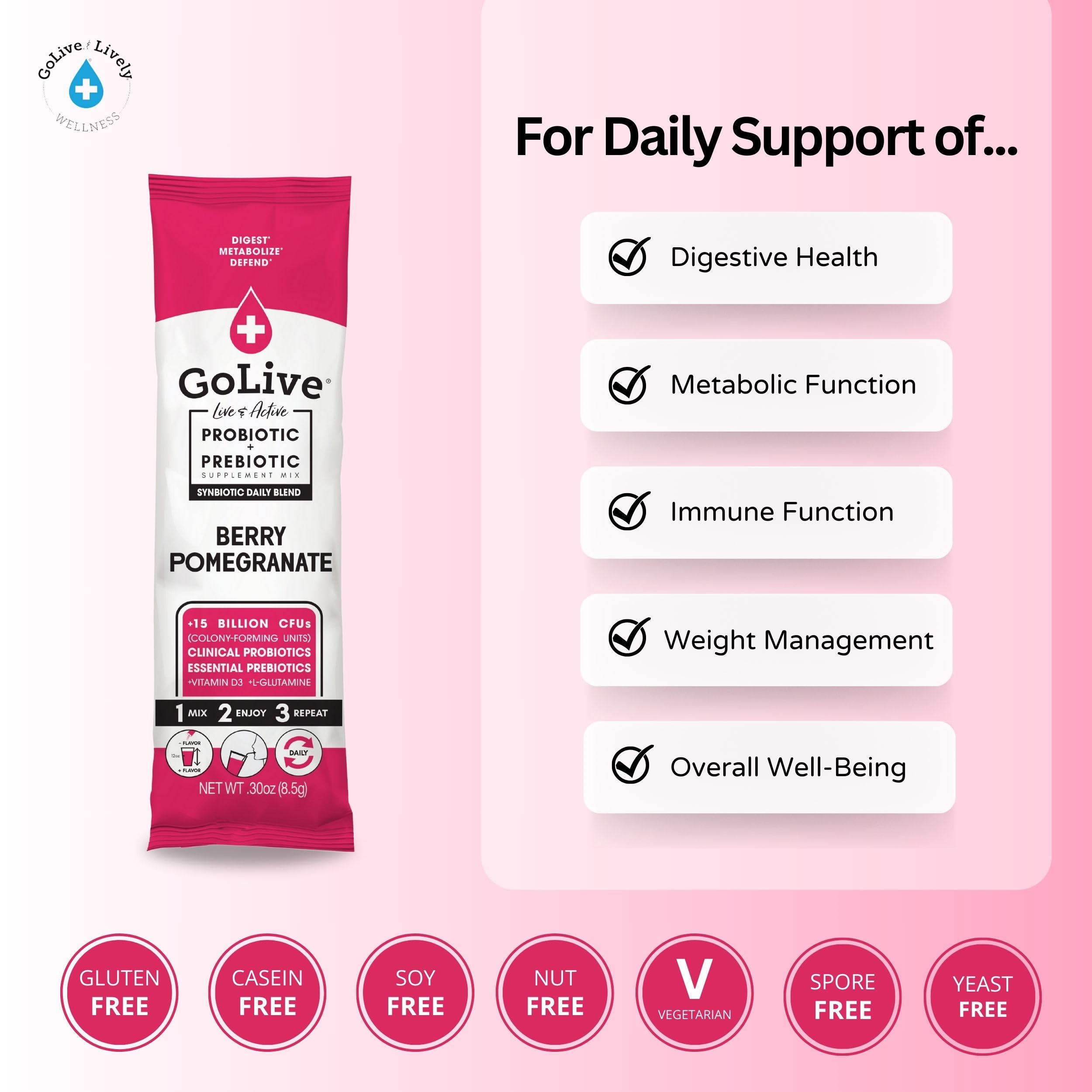 GoLive Probiotic Berry Pom 10Ct packet contents