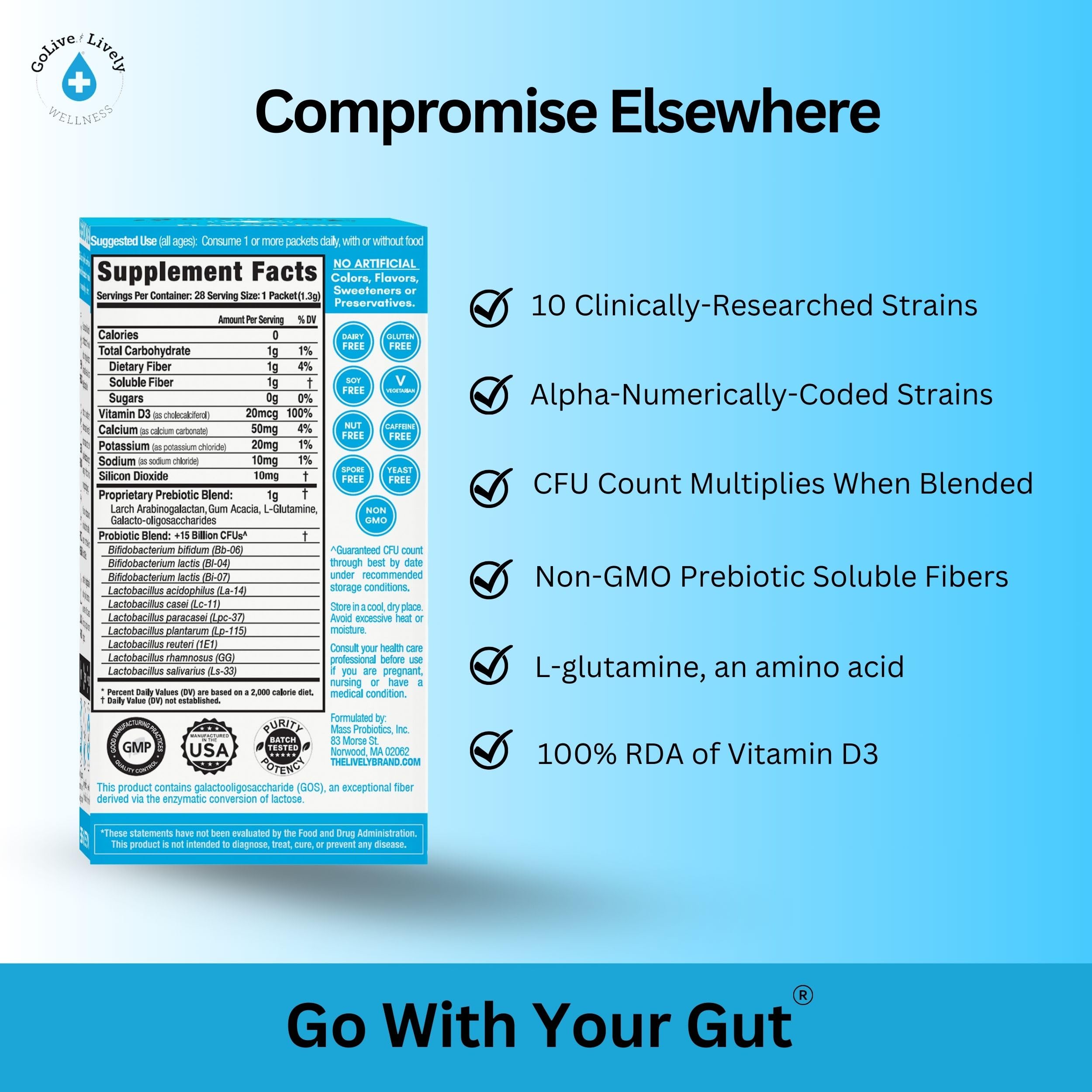 GoLive Probiotic Supplement mixed in a glass of water