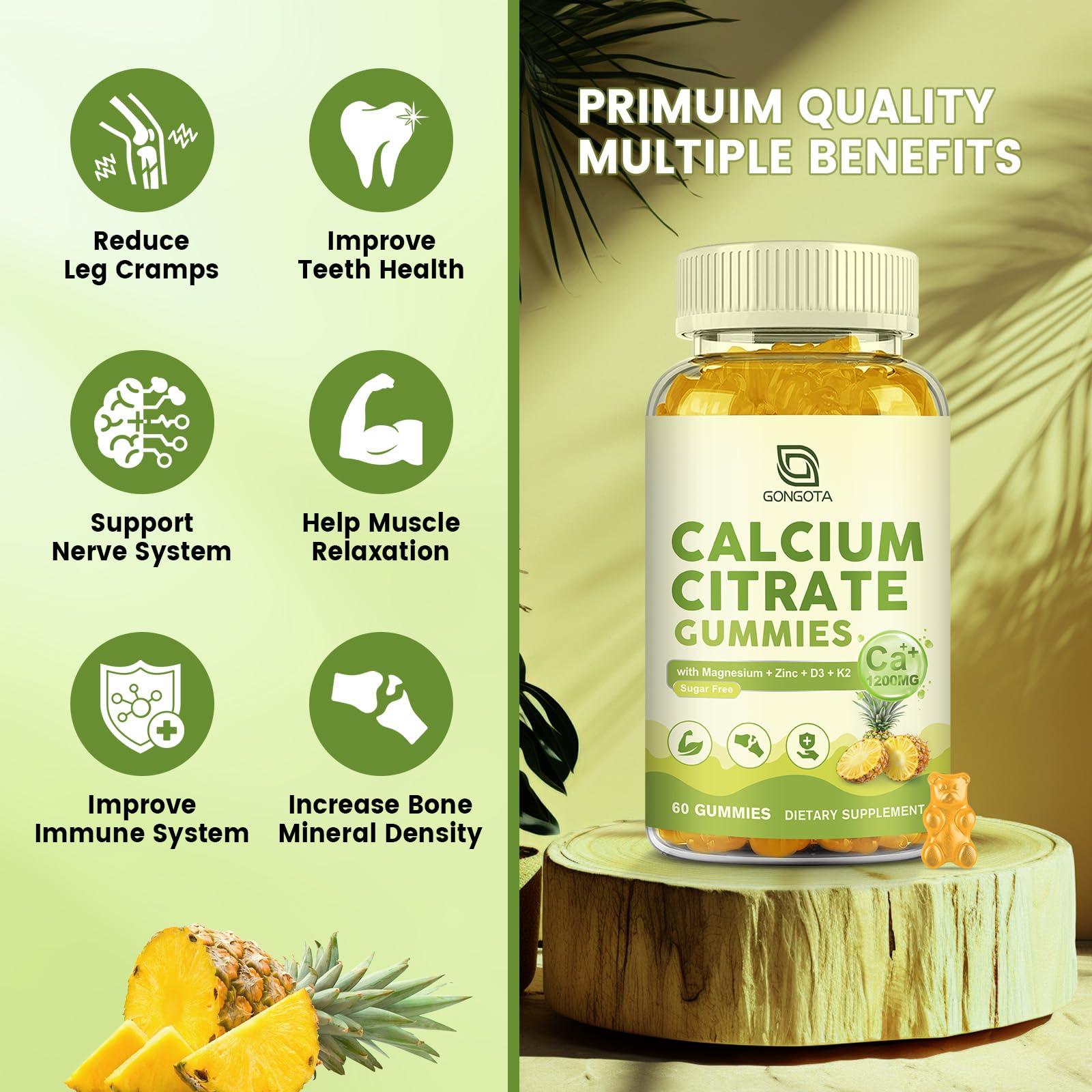 GONGOTA Calcium Citrate Gummies displayed on a wooden table