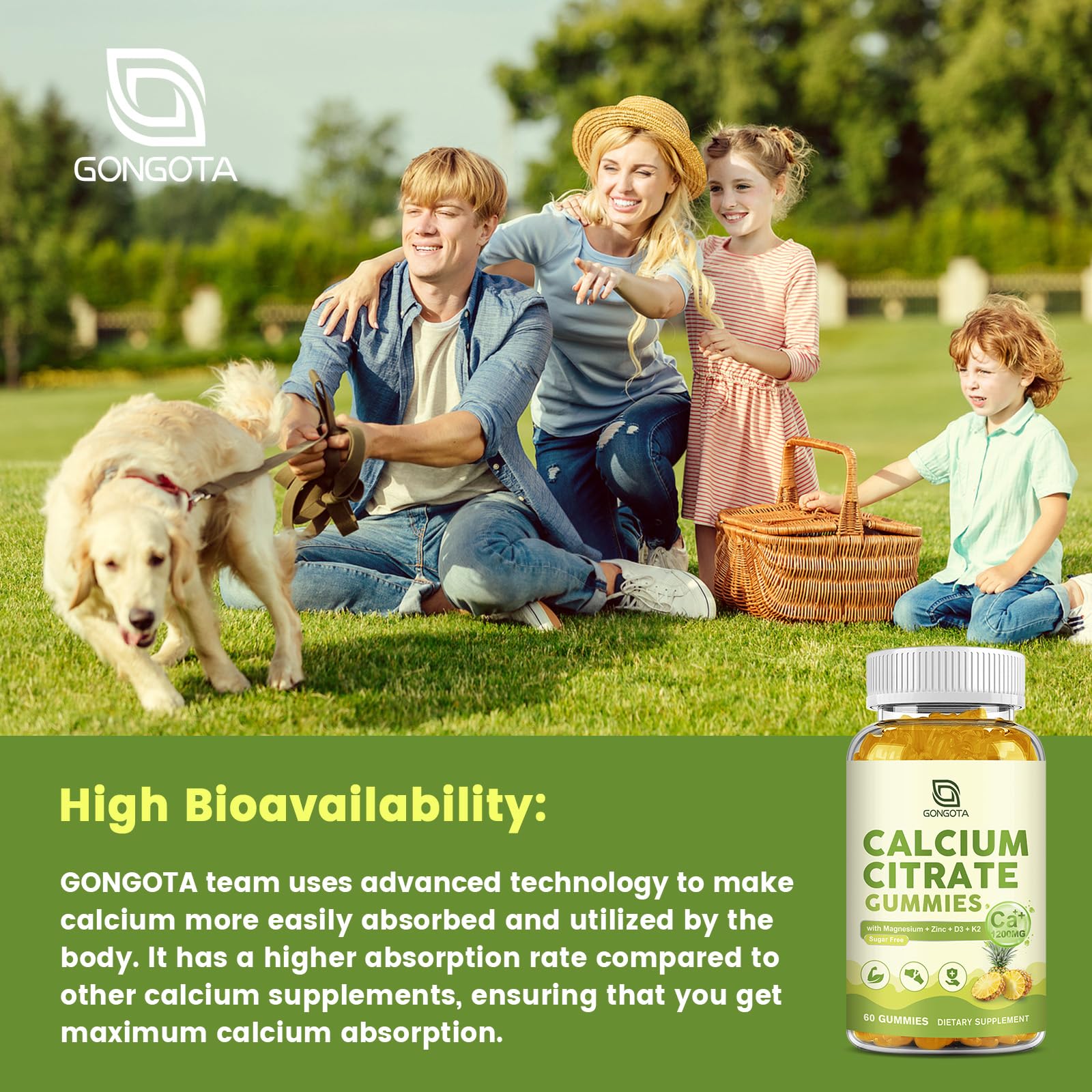 GONGOTA Calcium Citrate Gummies with a measuring scoop