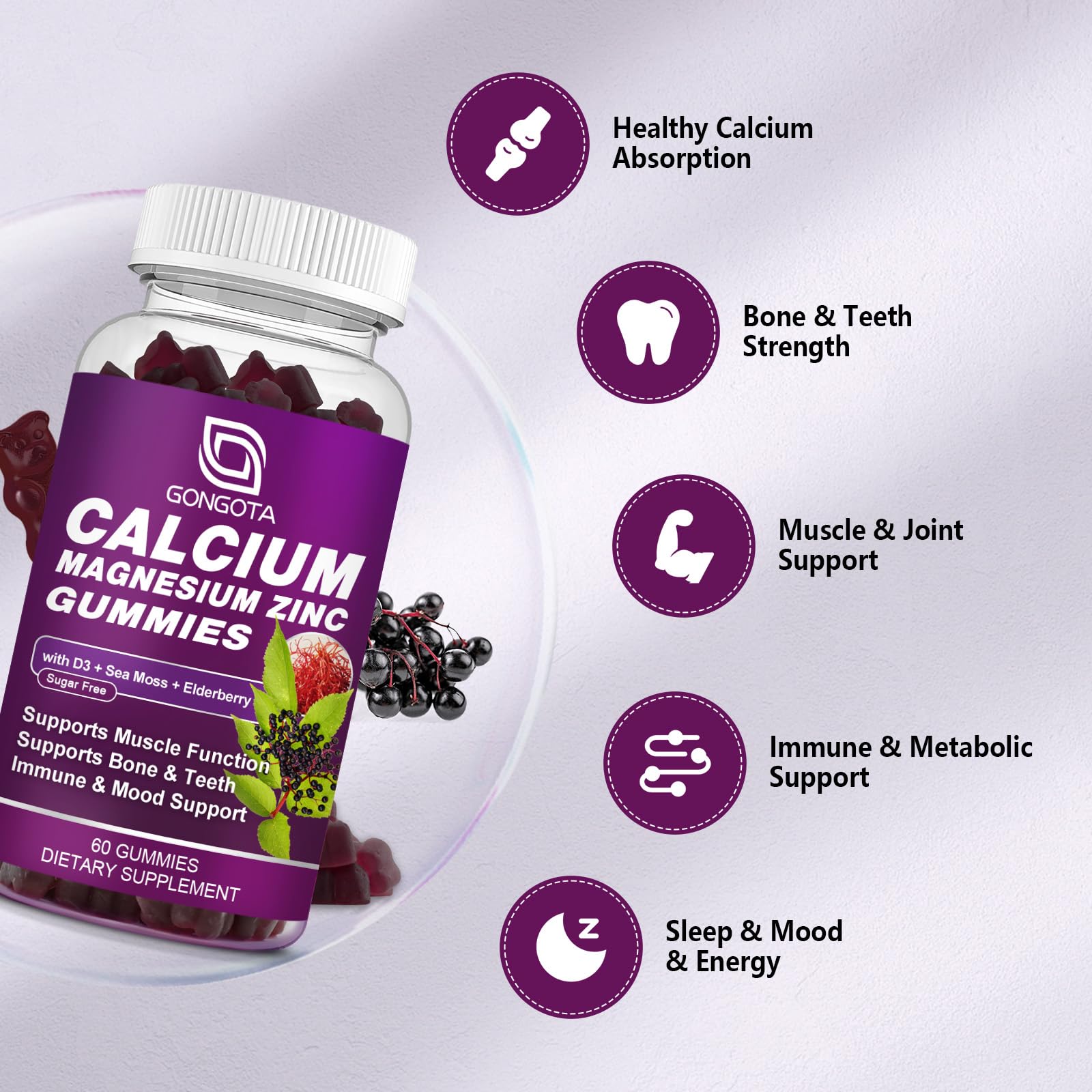 GONGOTA Calcium Magnesium Zinc Gummies in a bowl