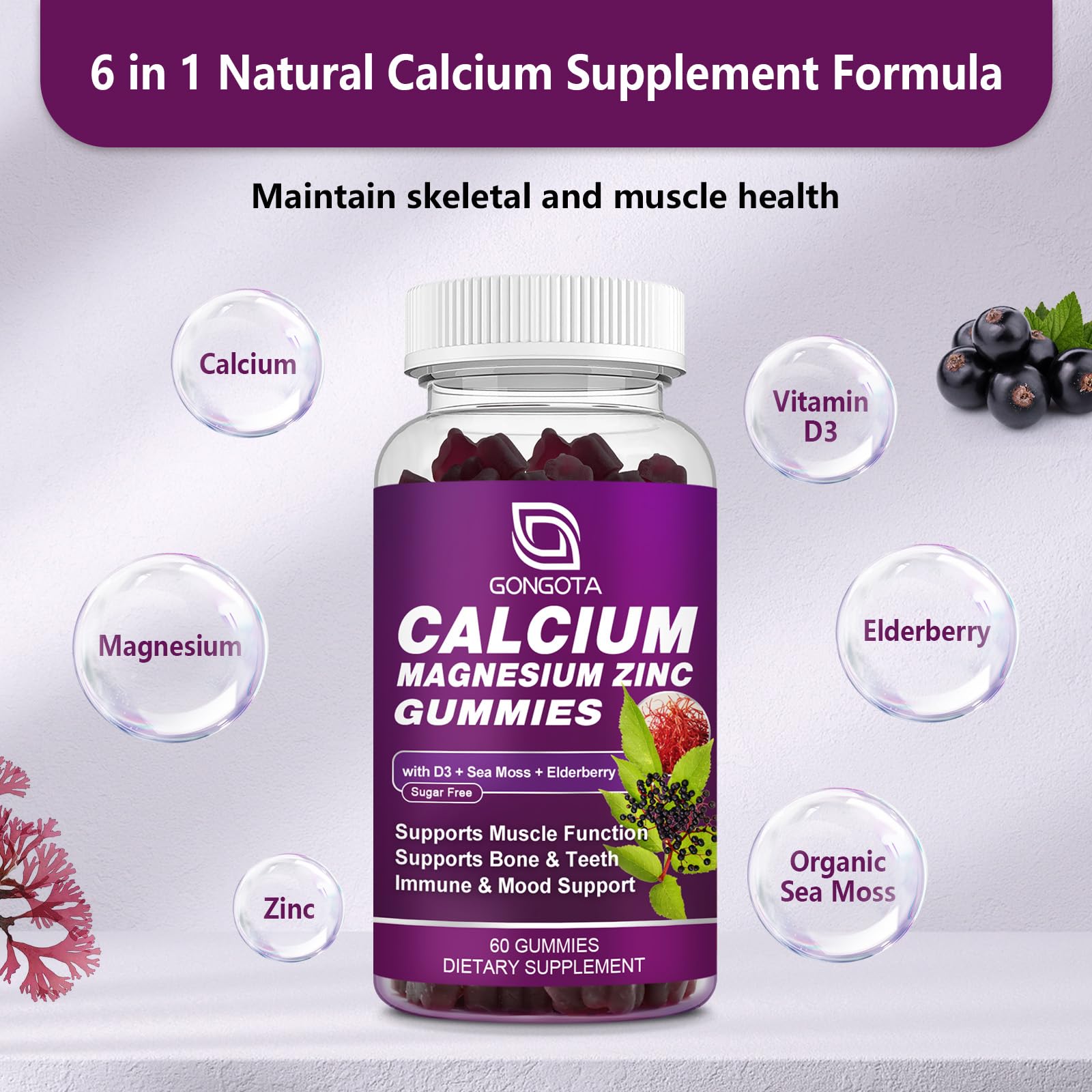 GONGOTA Calcium Magnesium Zinc Gummies side view with nutritional information