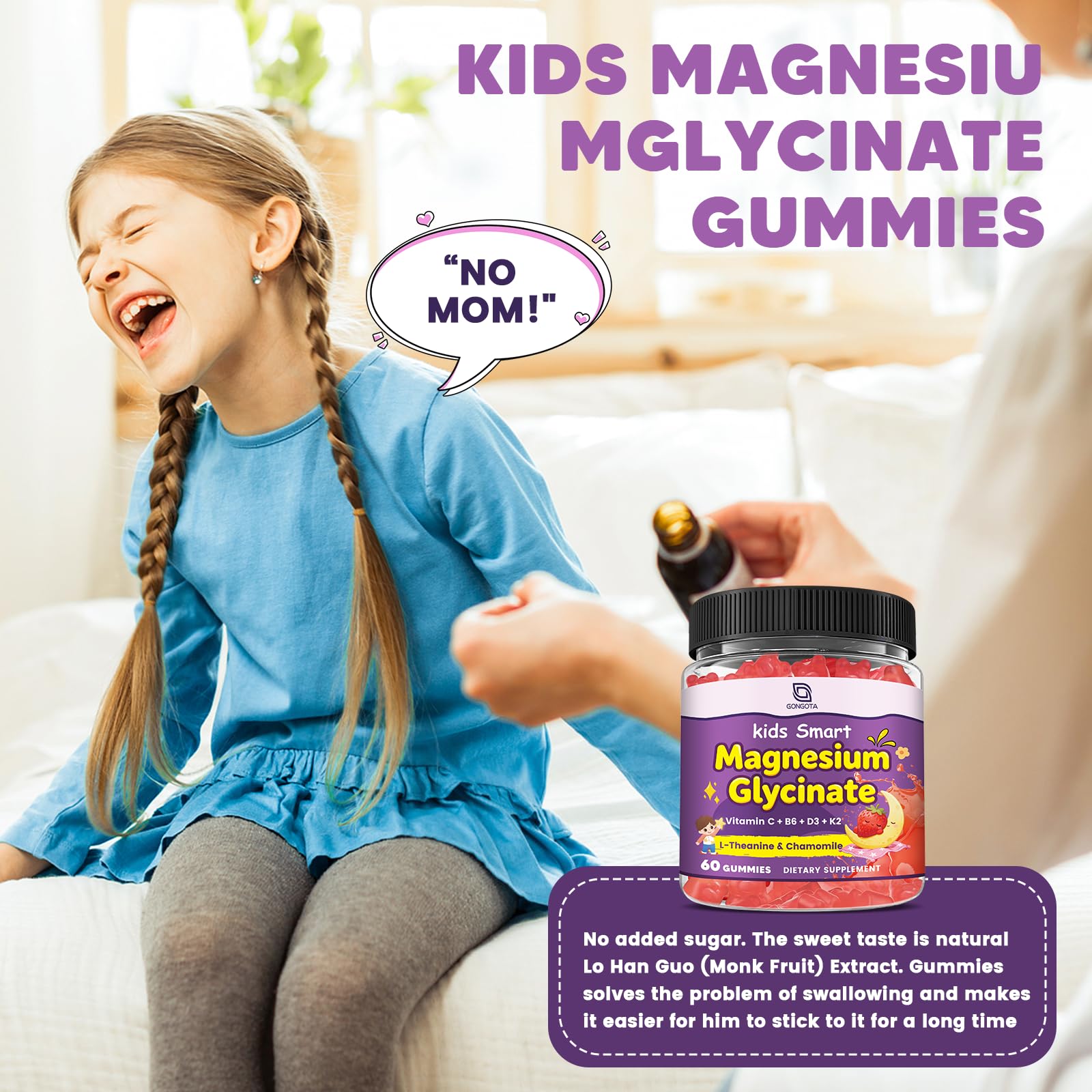 GONGOTA Calm Kids Magnesium Gummies on a kitchen counter