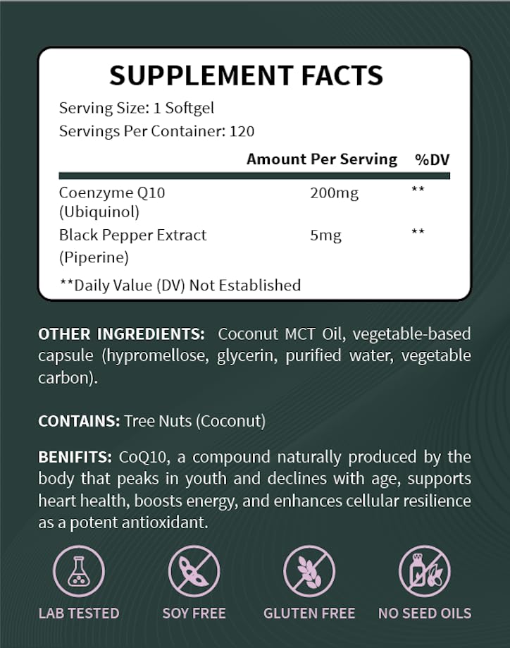 Good Friends Health Society CoQ10 200mg Ubiquinol softgels on a wooden table