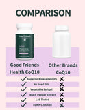 Good Friends Health Society CoQ10 200mg Ubiquinol softgels with a measuring spoon