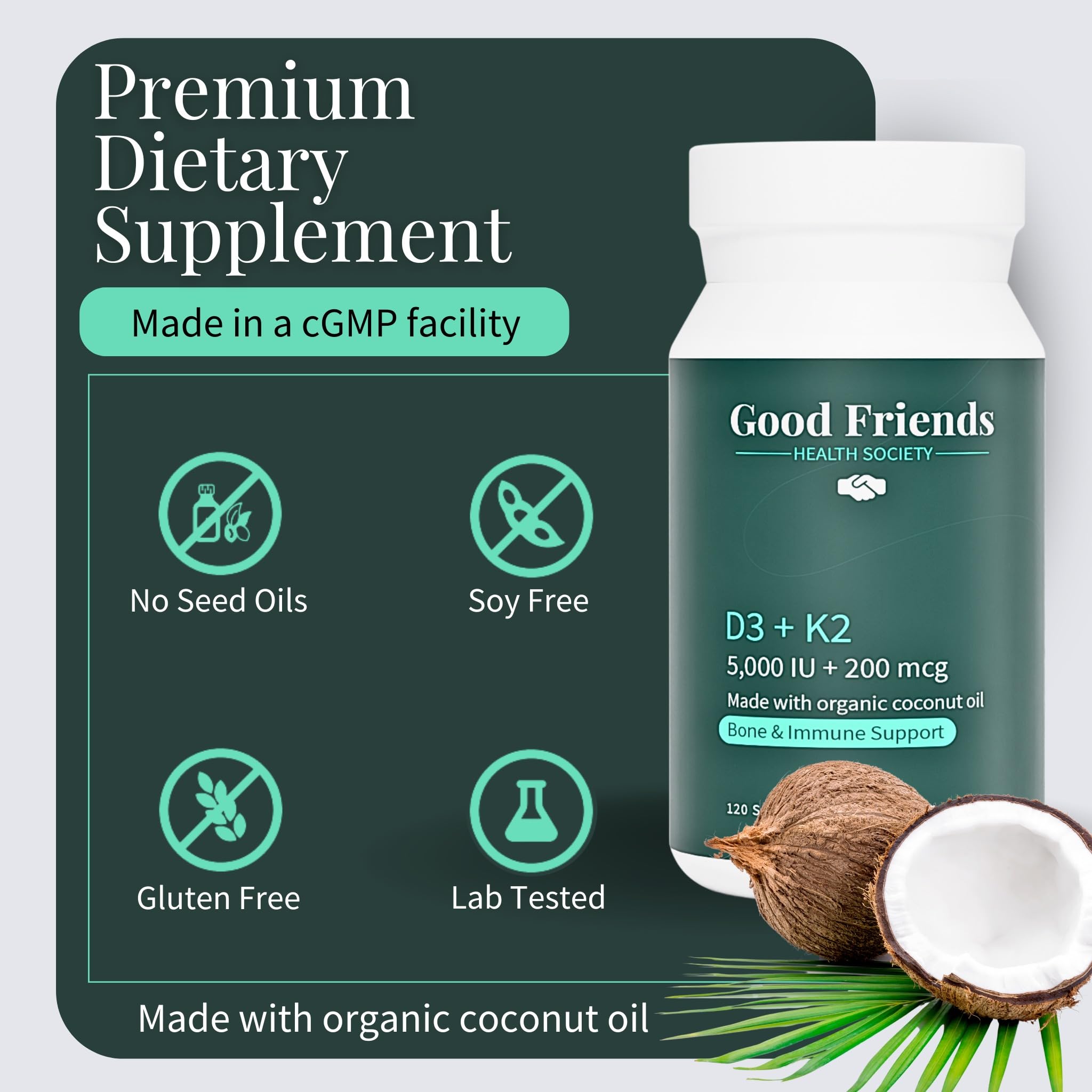 Good Friends Health Society Vitamin D3 & K2 Softgels back view