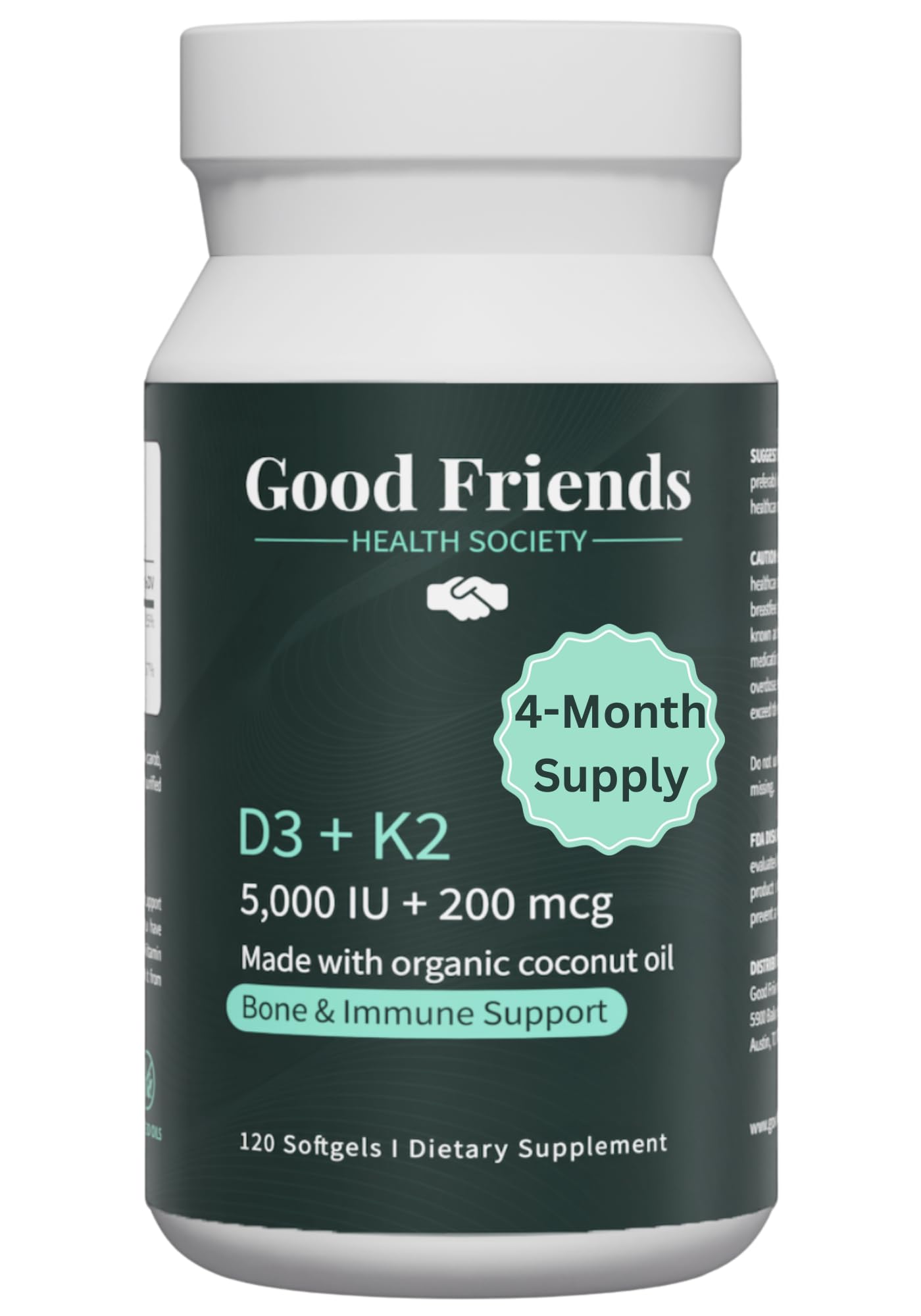 Good Friends Health Society Vitamin D3 & K2 Softgels bottle front view