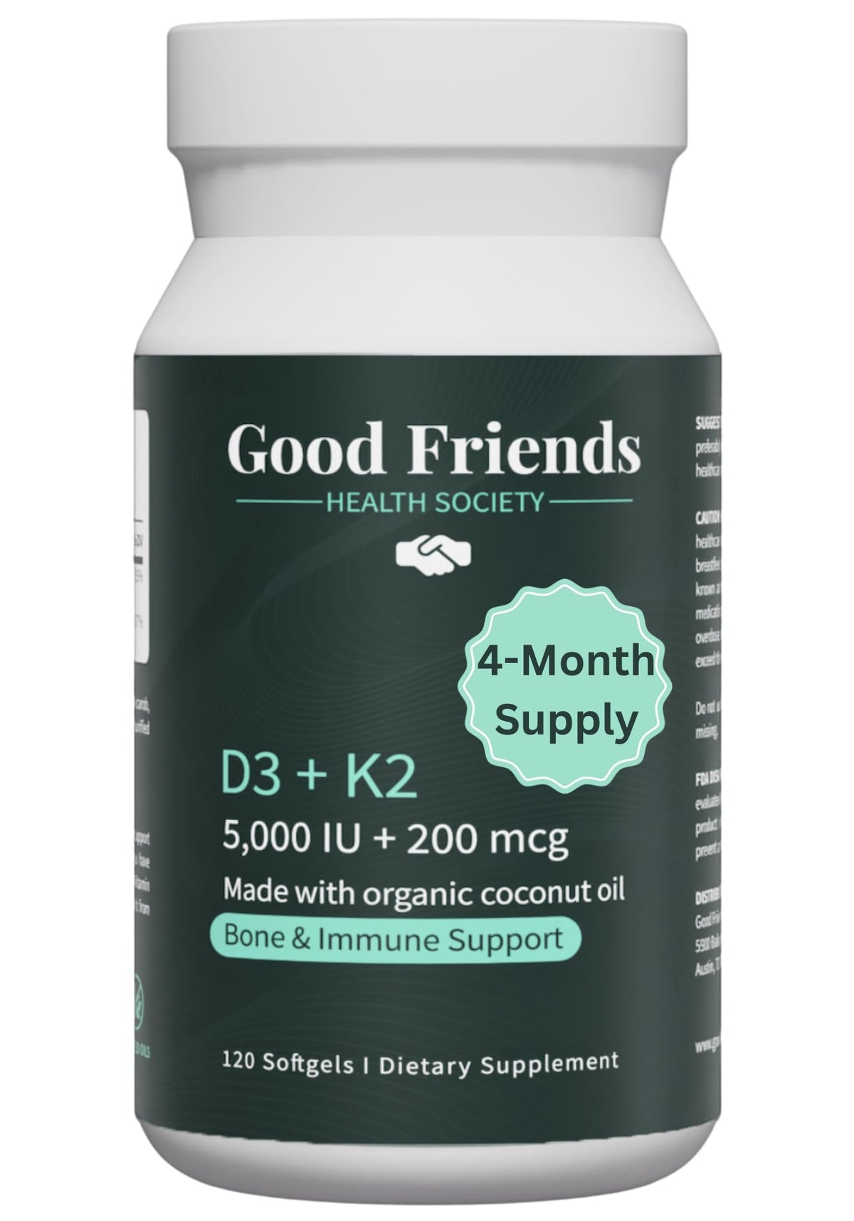Good Friends Health Society Vitamin D3 & K2 Softgels bottle front view