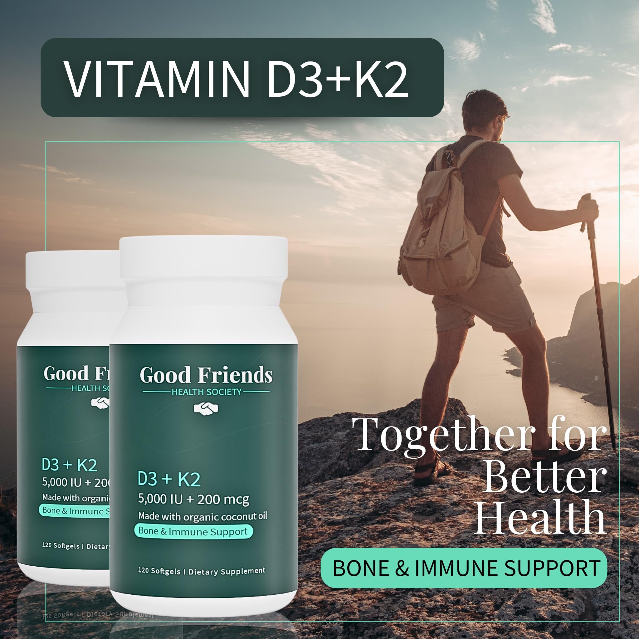 Good Friends Health Society Vitamin D3 & K2 Softgels in a lifestyle setting