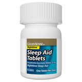 Good Sense Sleep Aid Tablets 25 mg displayed on a bedside table